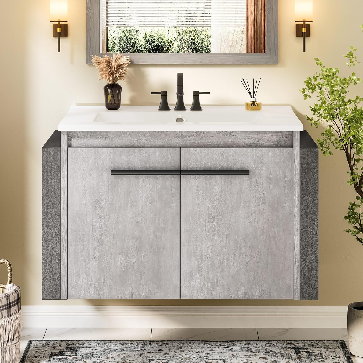 24″ Grey Wall-Mounted Bathroom Vanity with Sink & Soft-Close Double Doors