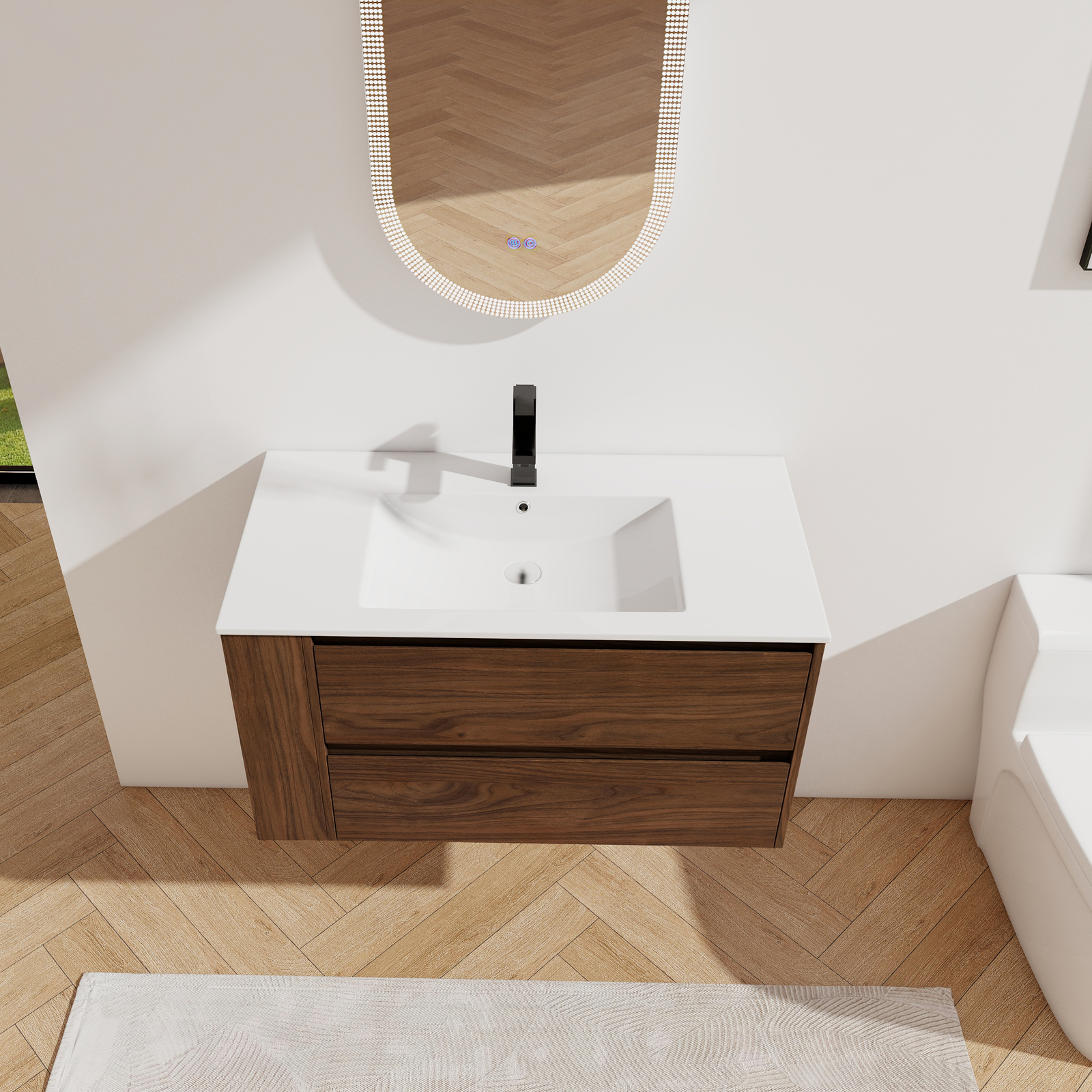 36″ Floating Wall Mounted Bathroom Vanity Cabinet Ceramic Sink Side Shelf Brown