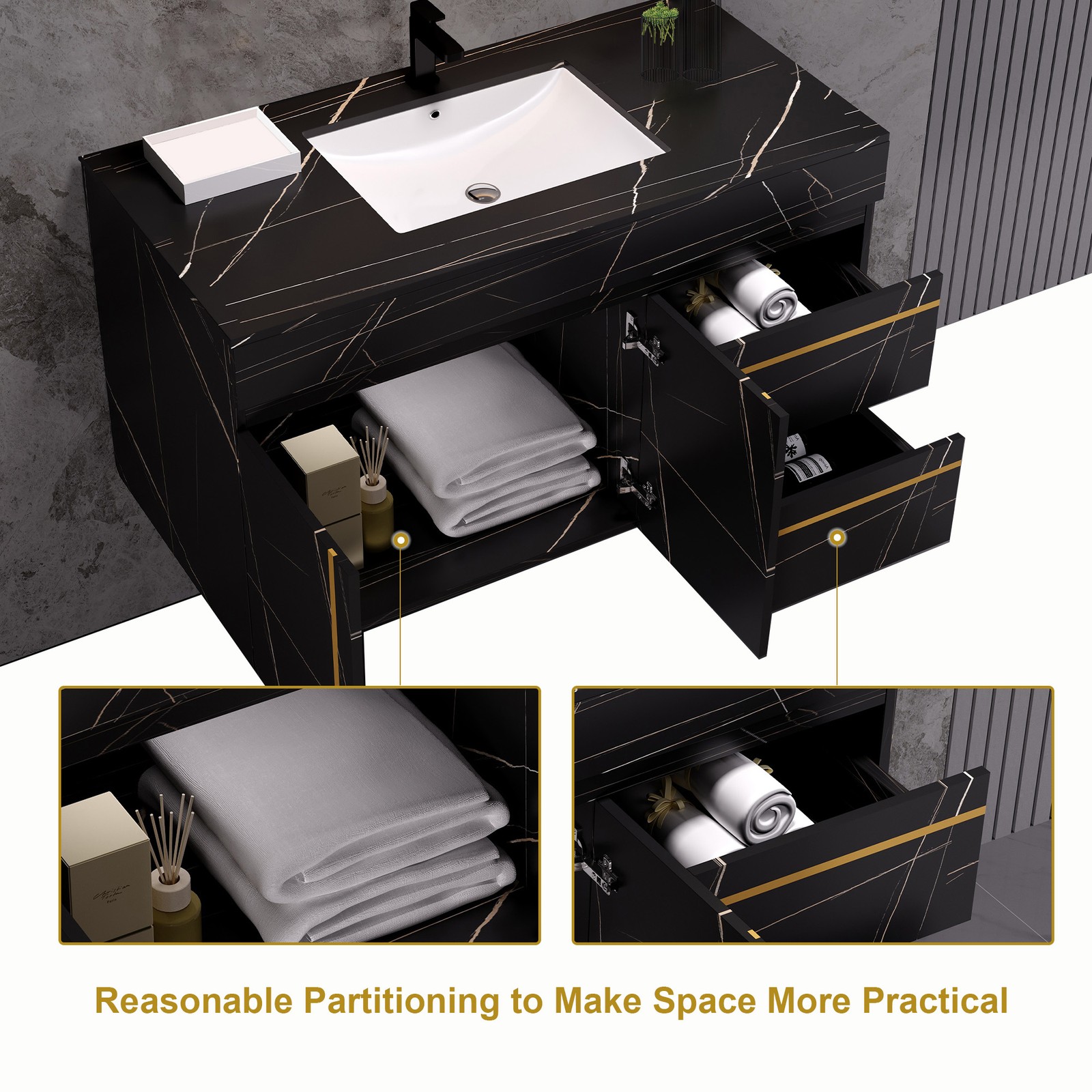 35.4″ Wall Mounted Bathroom Vanity with Sink, Floating Vanity Cabinet, 2 Drawers