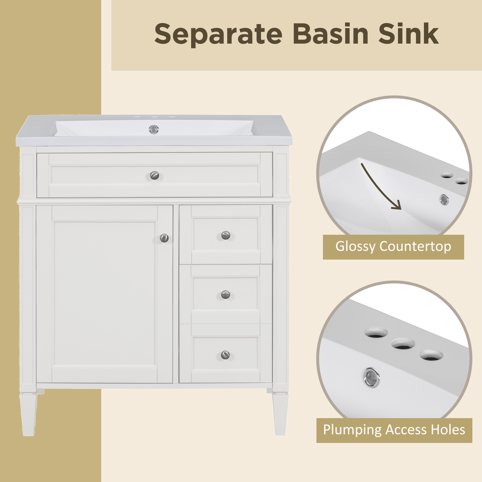 30″ Bathroom Vanity w/Sink, 3 Drawers, Freestanding Bath Vanity Storage Cabinet