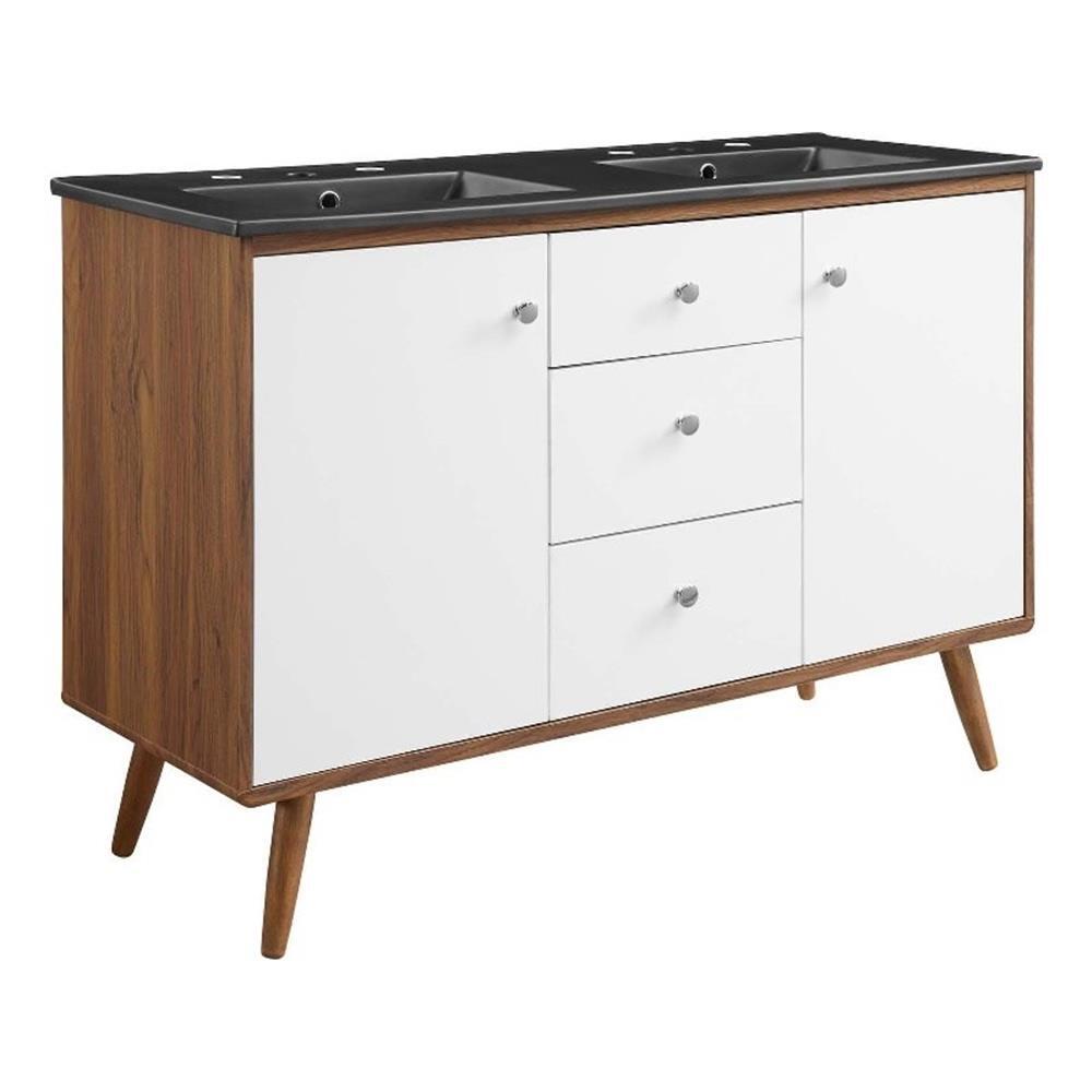 Modway Transmit 47.5″ Modern Wood Double Sink Bathroom Vanity in Walnut/White