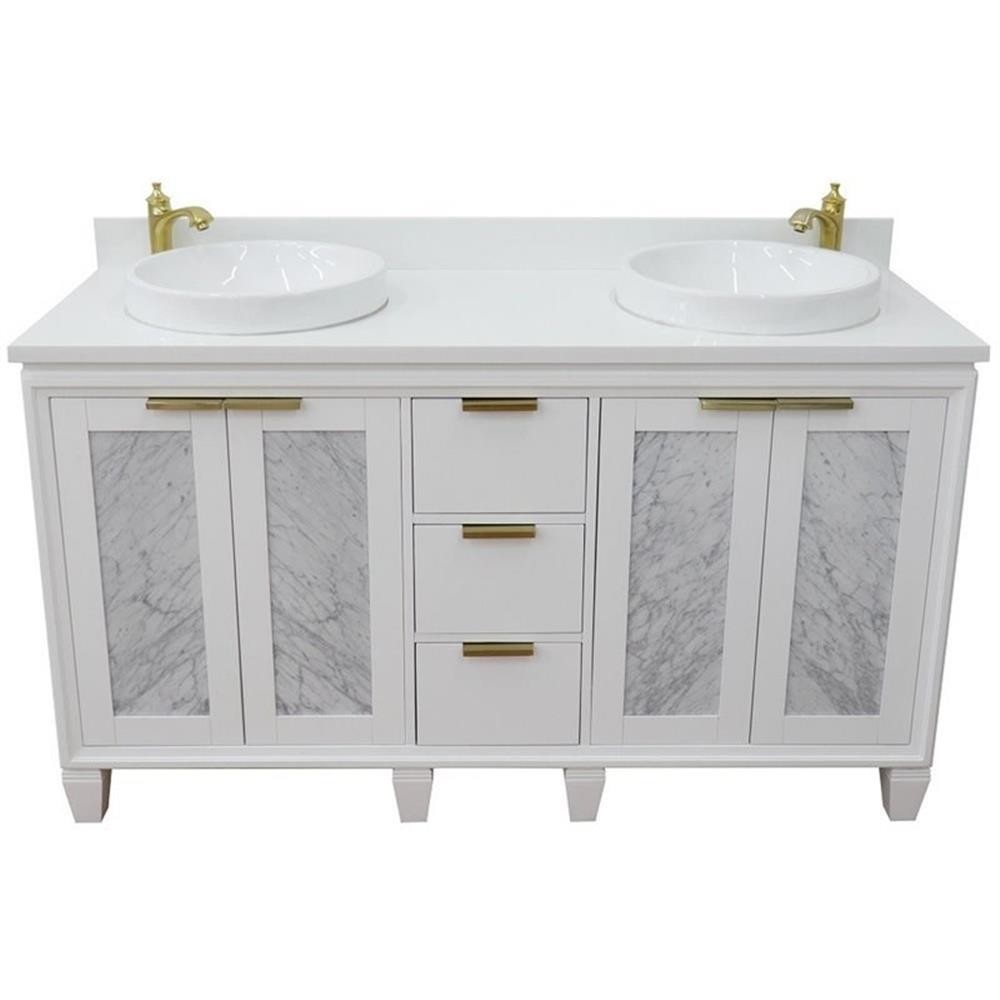 Pemberly Row 61″ Double Round Sink Solid Wood Vanity in White/White Quartz Stone
