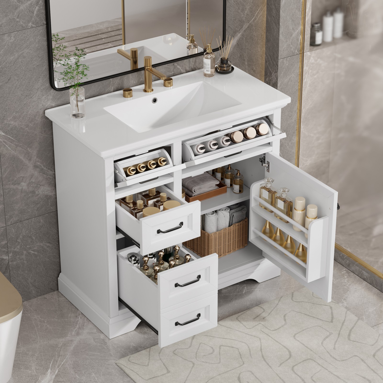 36″ Bathroom Vanity with Ceramic Sink Top, 4 Drawers & 1 Soft-Close Door