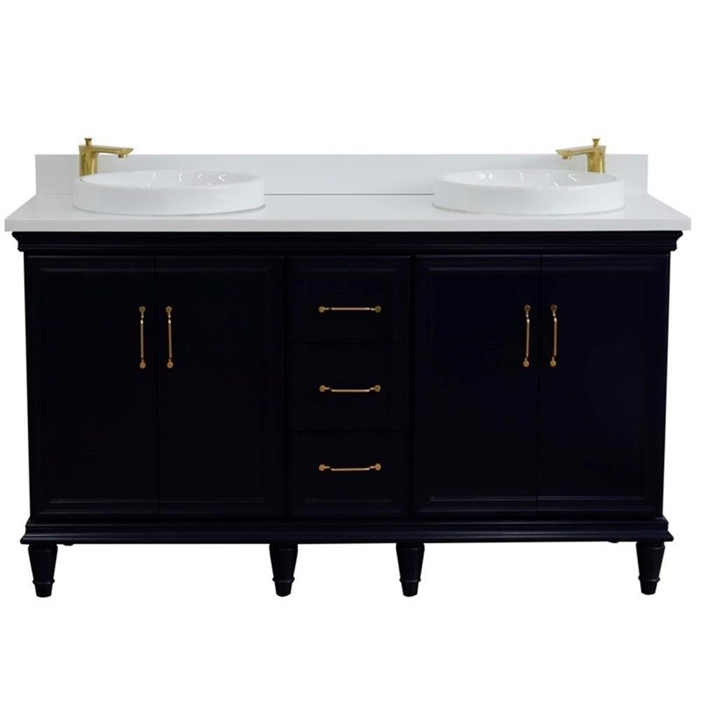 61 in. Double Wooden Vanity Blue White Quartz Round Sink