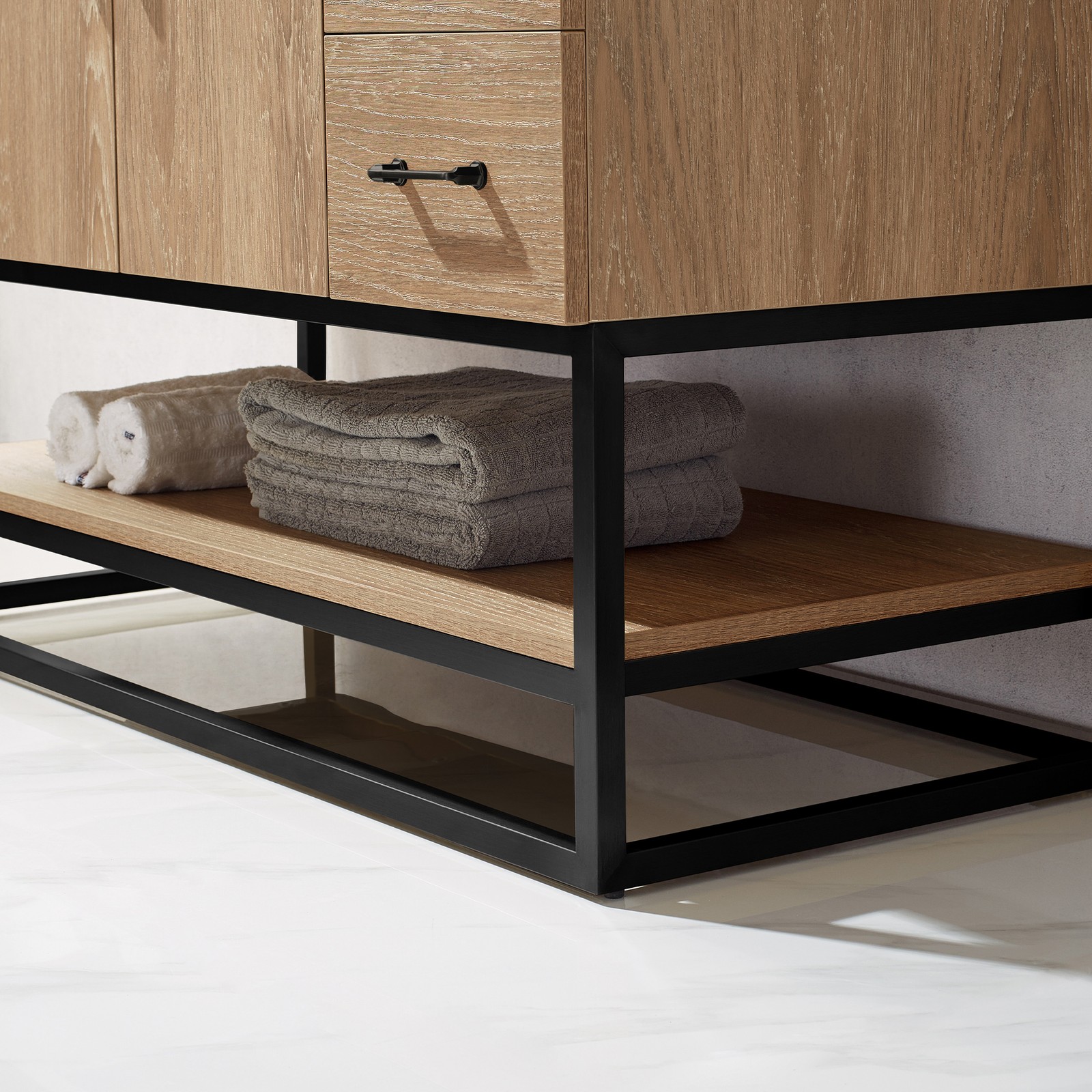 Vinnova Alistair 48″ White Stone Top Oak Single Vanity Black Frame w/o Mirror