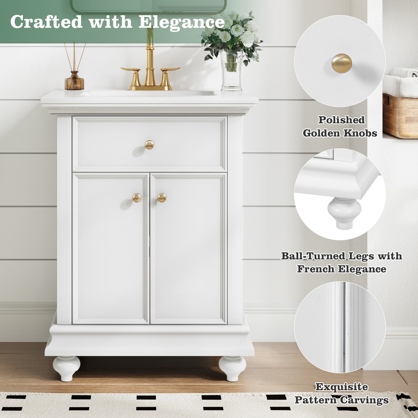 24″ Modern Bathroom Vanity with A Tip-Out Drawer & Soft-Close Hinges White
