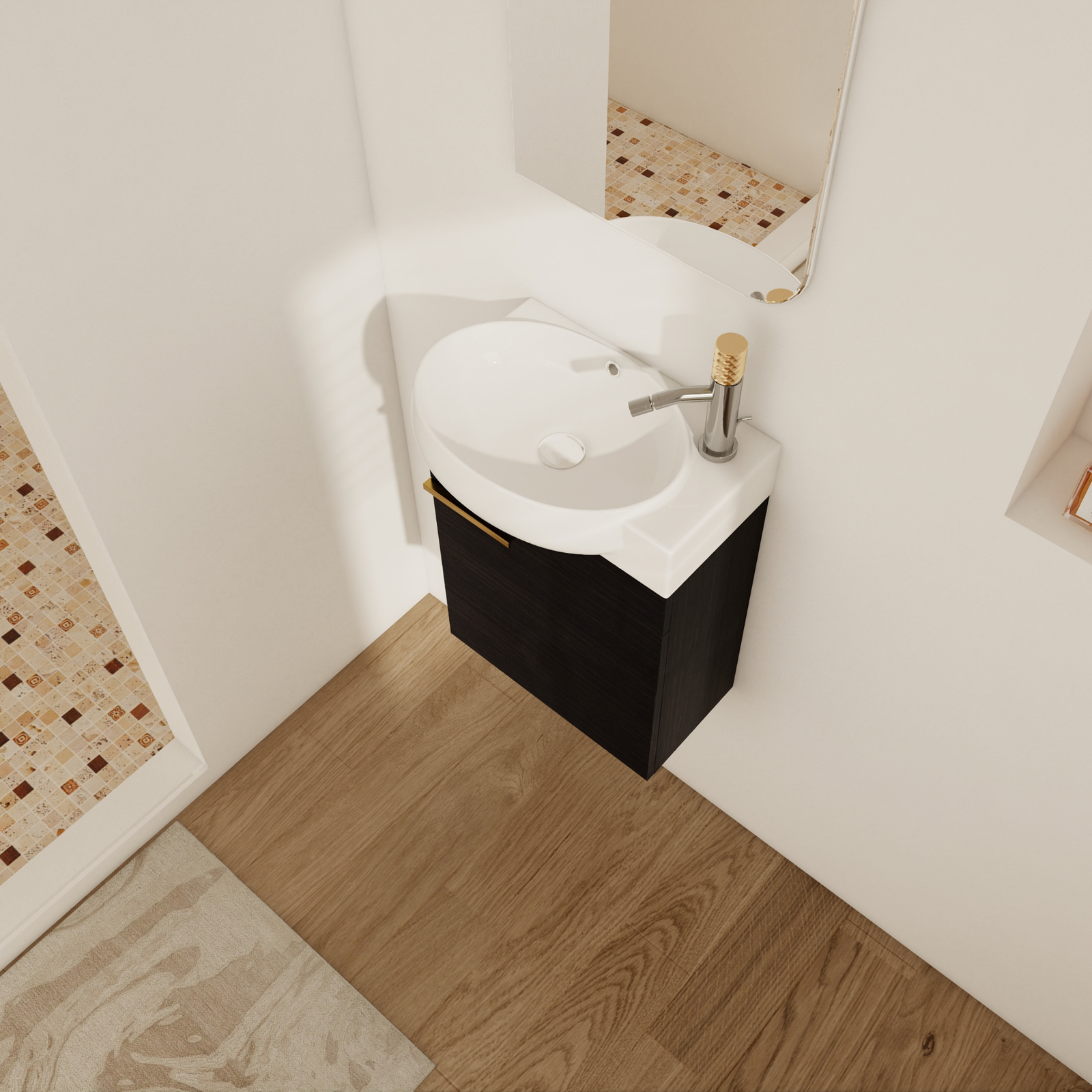 16in Plywood Wall-Mounted Small Bathroom Vanity Cabinet W/ Ceramic Sink Black