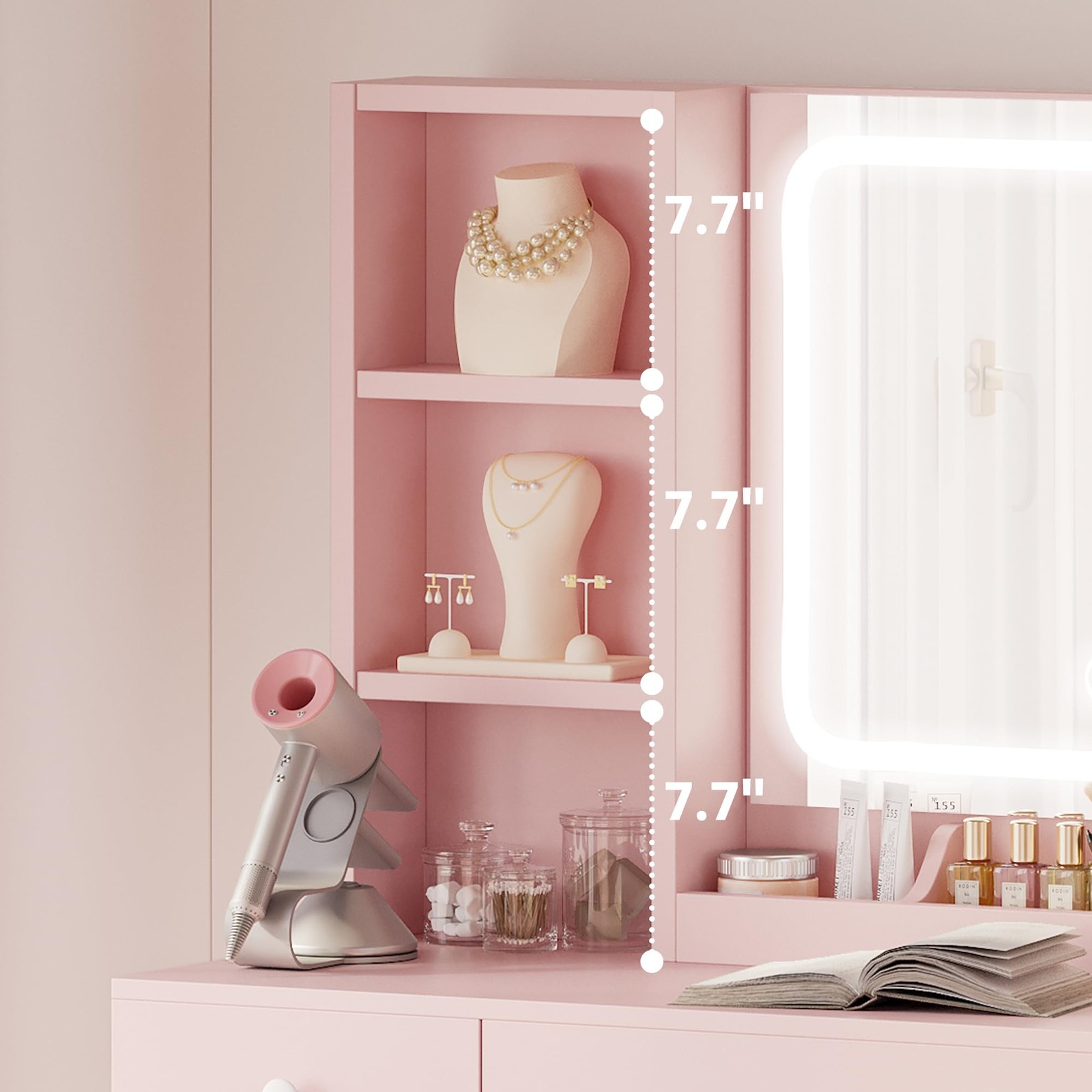 LED Lighted Vanity Desk Set with Mirror Power Outlet Drawers Cabinet Stool Pink