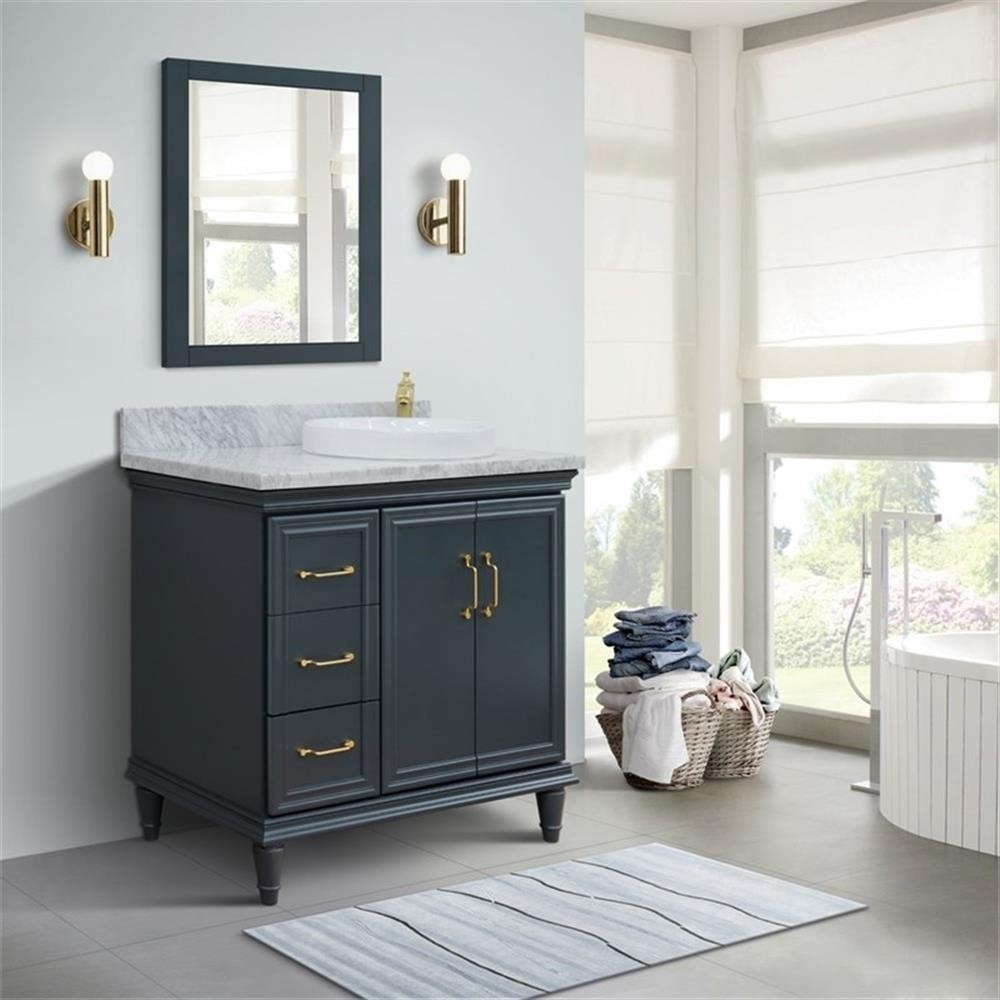 37 in. Single Wooden Vanity Dark Gray White Carrara Round Right Door.Right Sink