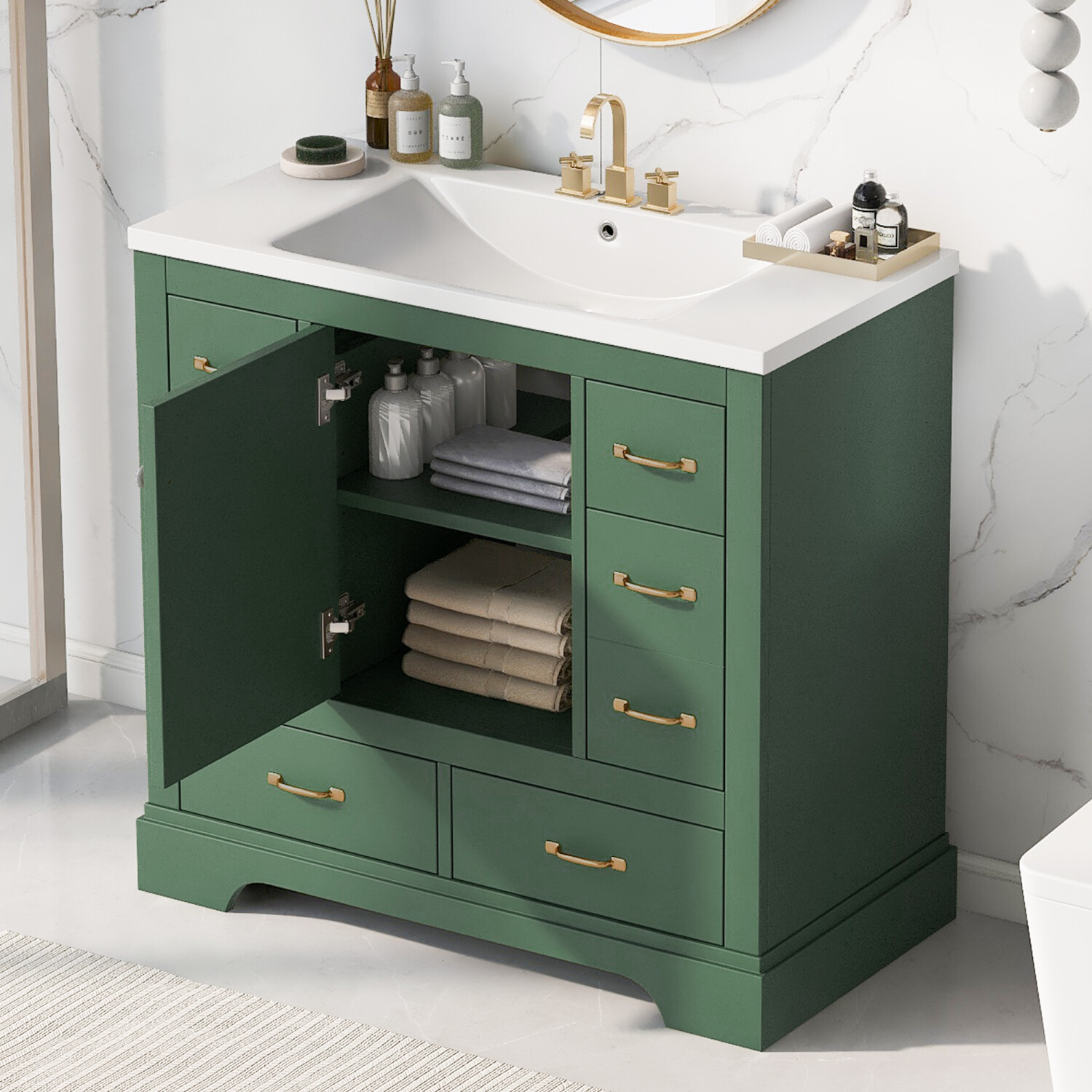 36“ Bathroom Vanity w/ Sink, 6 Drawers, Freestanding Storage Bath Vanity Cabinet