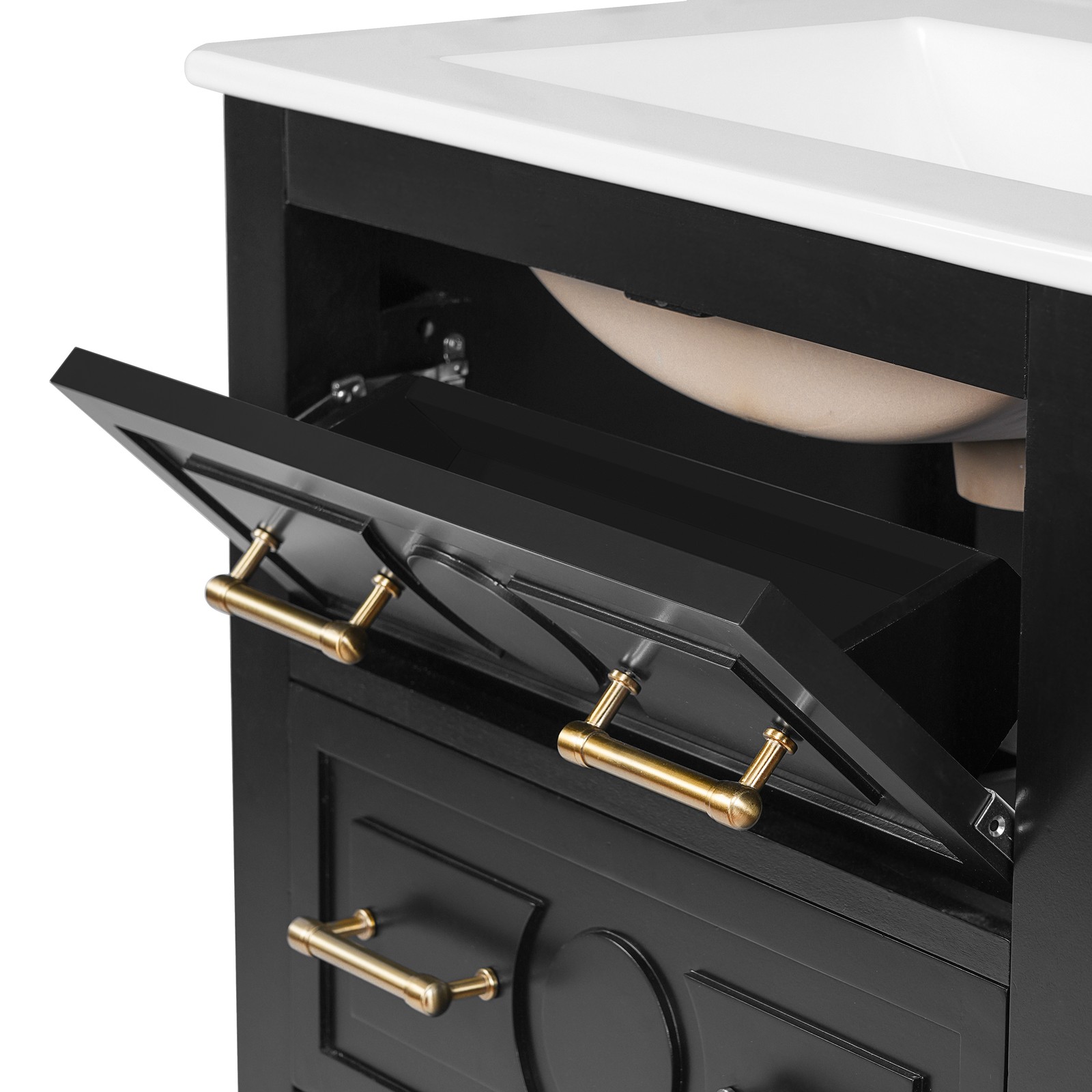 24” Bathroom Vanity with Ceramic Sink, 3 Drawers, Solid Wood Frame Retro Black