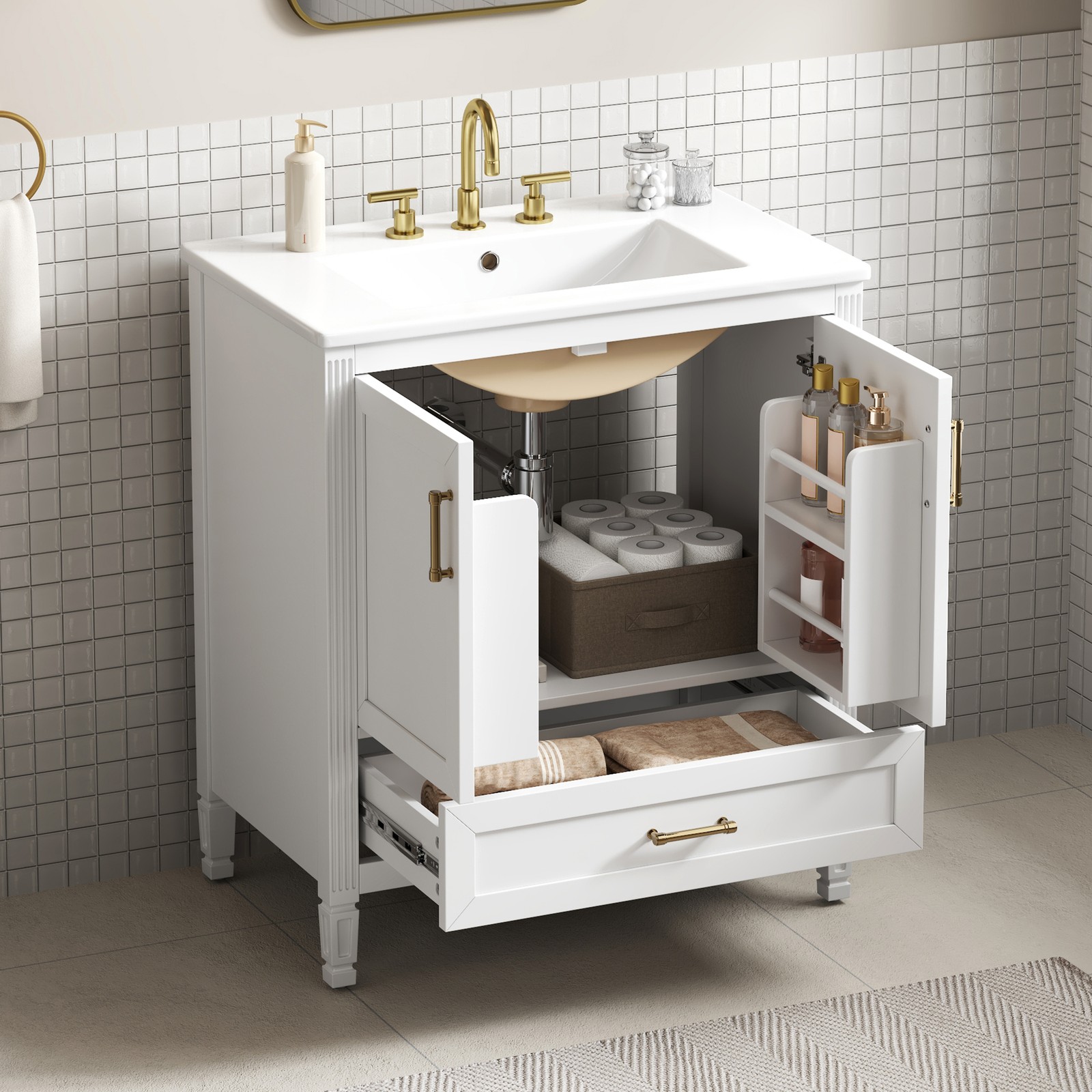 30″ White Fluted Bathroom Vanity with Ceramic Sink, Soft-Close