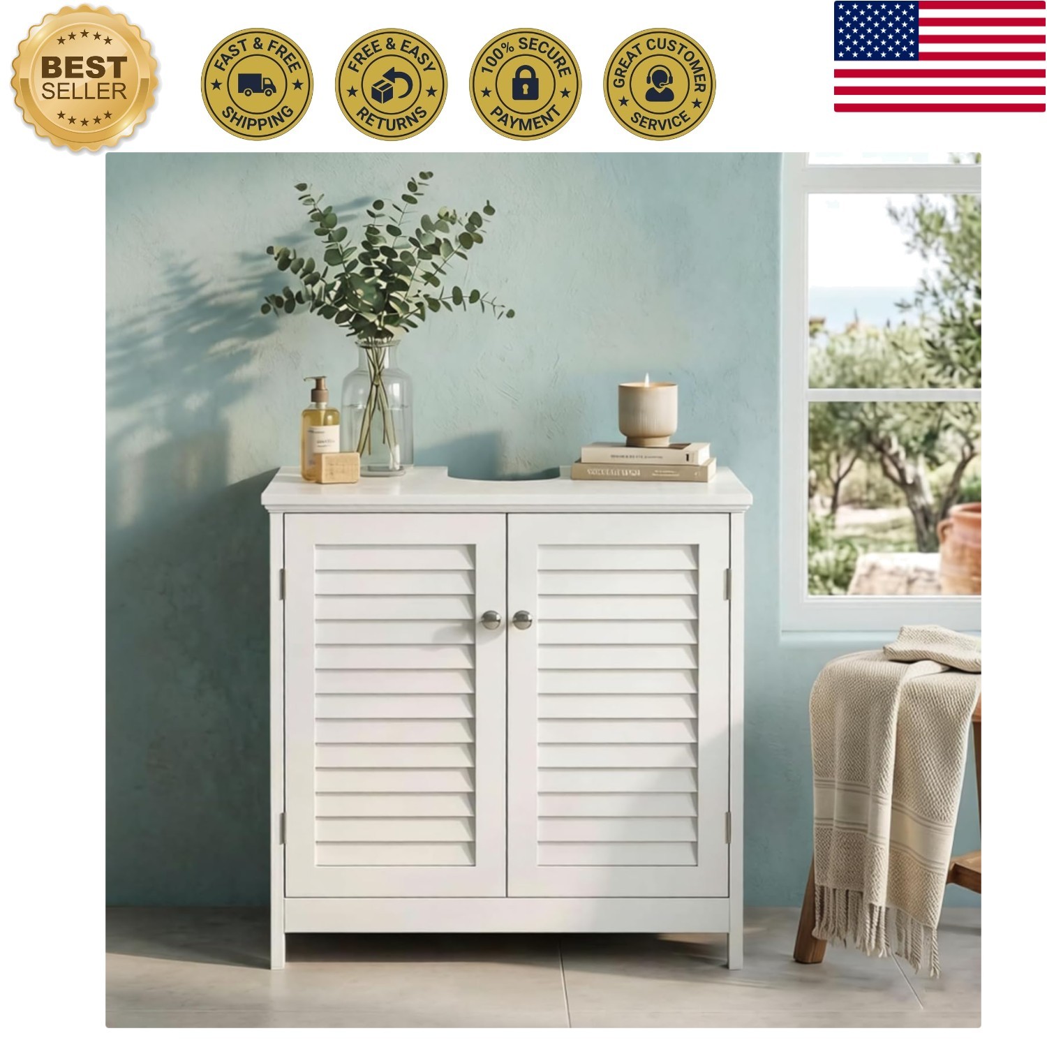Elegant Under Sink Cabinet in White – U-Shaped Freestanding Storage Solution