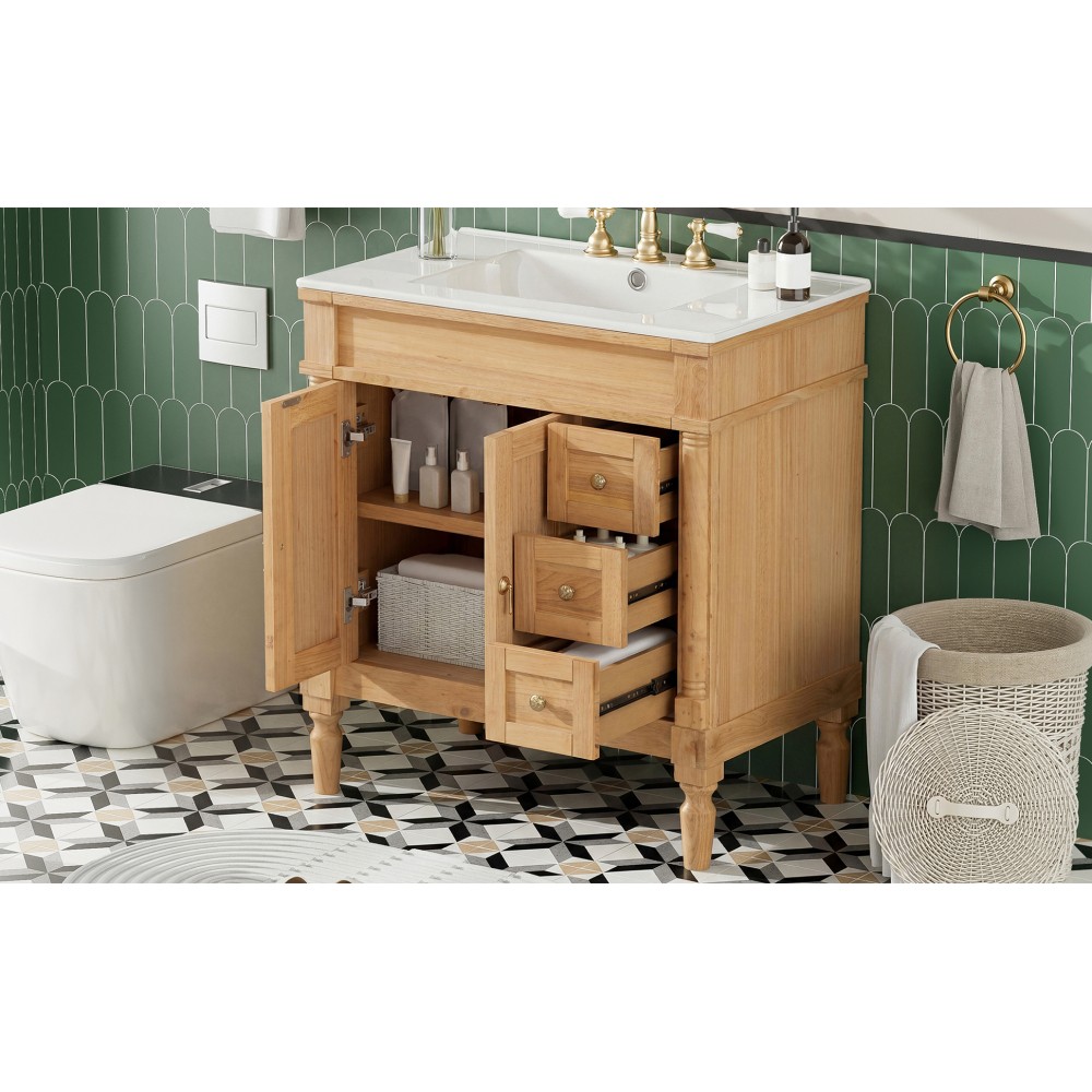 30-Inch Modern Bathroom Vanity, Solid Wood Frame + MDF, 2 Doors 3 Drawers
