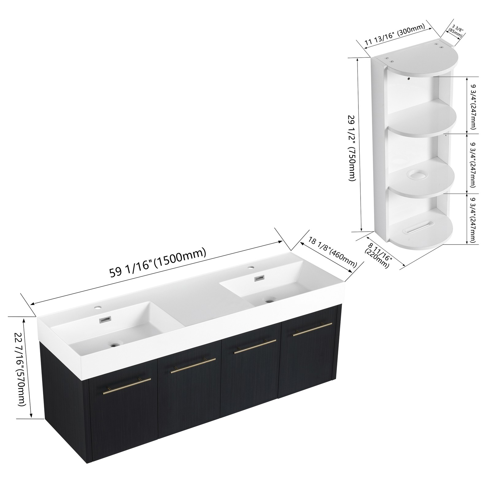 60 In Floating Wall-Mounted Bathroom Vanity Cabinet W/ Double Resin Top Basin