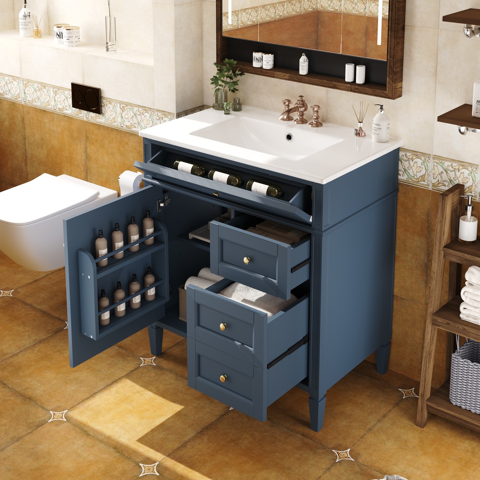 30″ Bathroom Vanity with Sink, 2 Drawers & Tip-Out Drawer, Blue