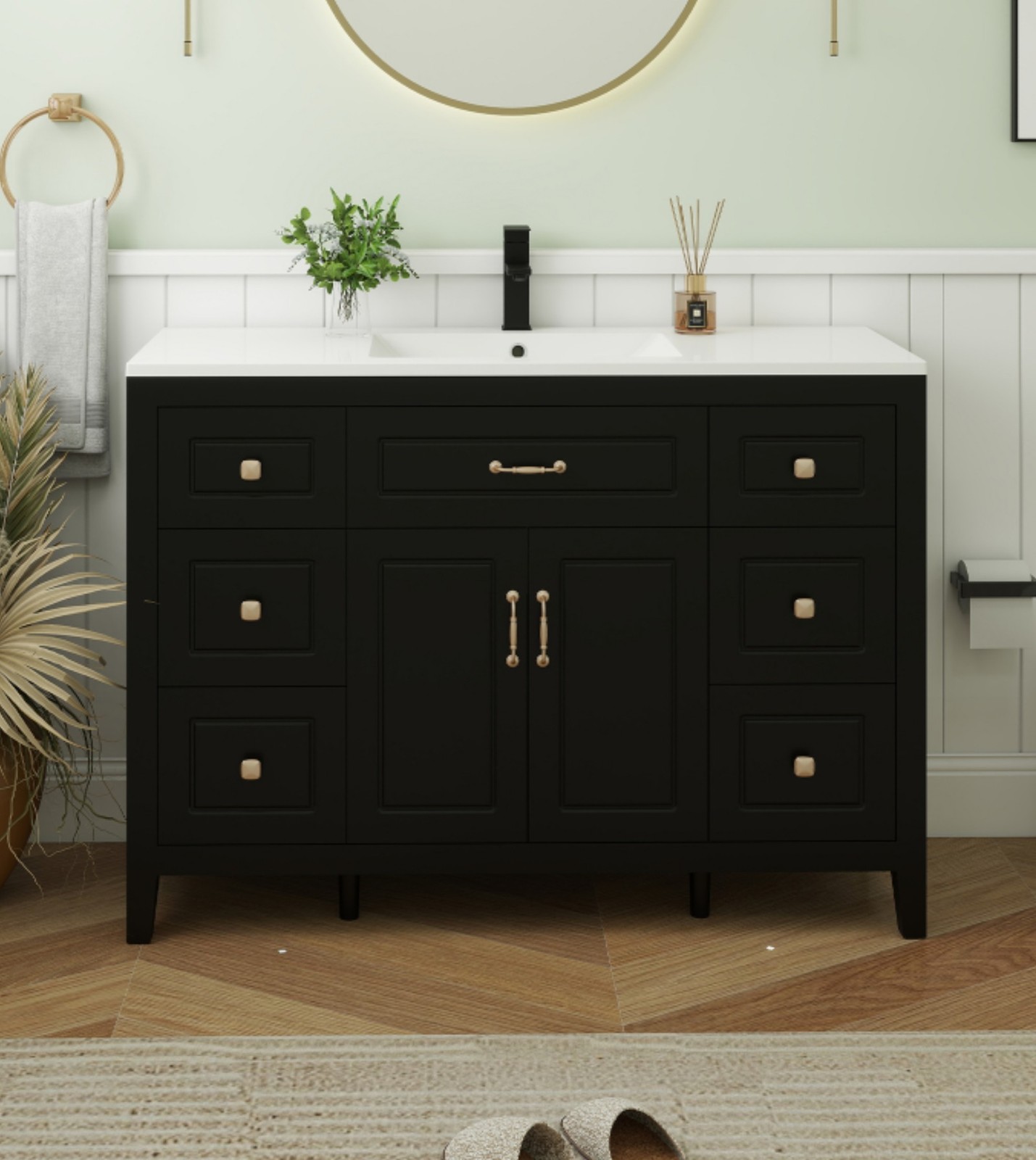 48″Bathroom Vanity with Sink Soft Close 2 Doors and 6 Drawers Freestanding Black