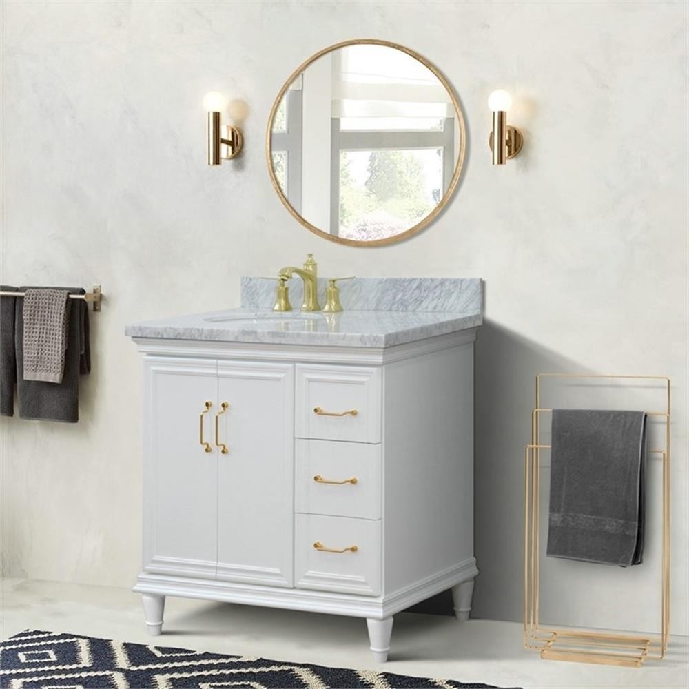37 in. Single Wooden Vanity White White Carrara Oval Left Door.Left Sink