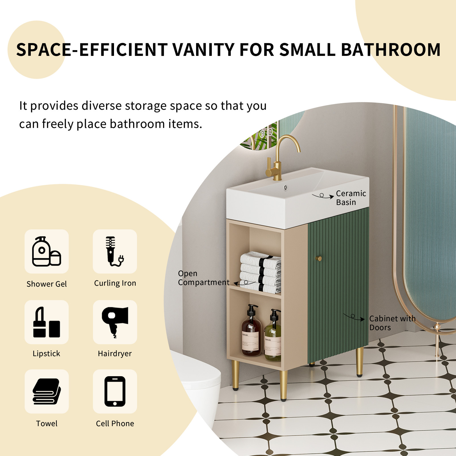 21.6″Modern Bathroom Vanity with Ceramic Sink Storage Cabinet W/ Door Open Shelf
