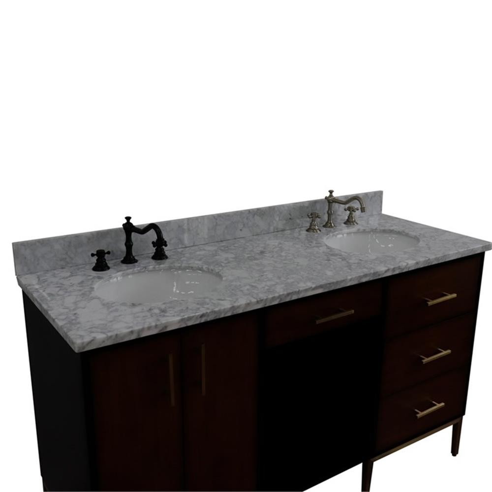 61 in. Double Wooden Vanity Walnut Black White Carrara Marble Oval Sink