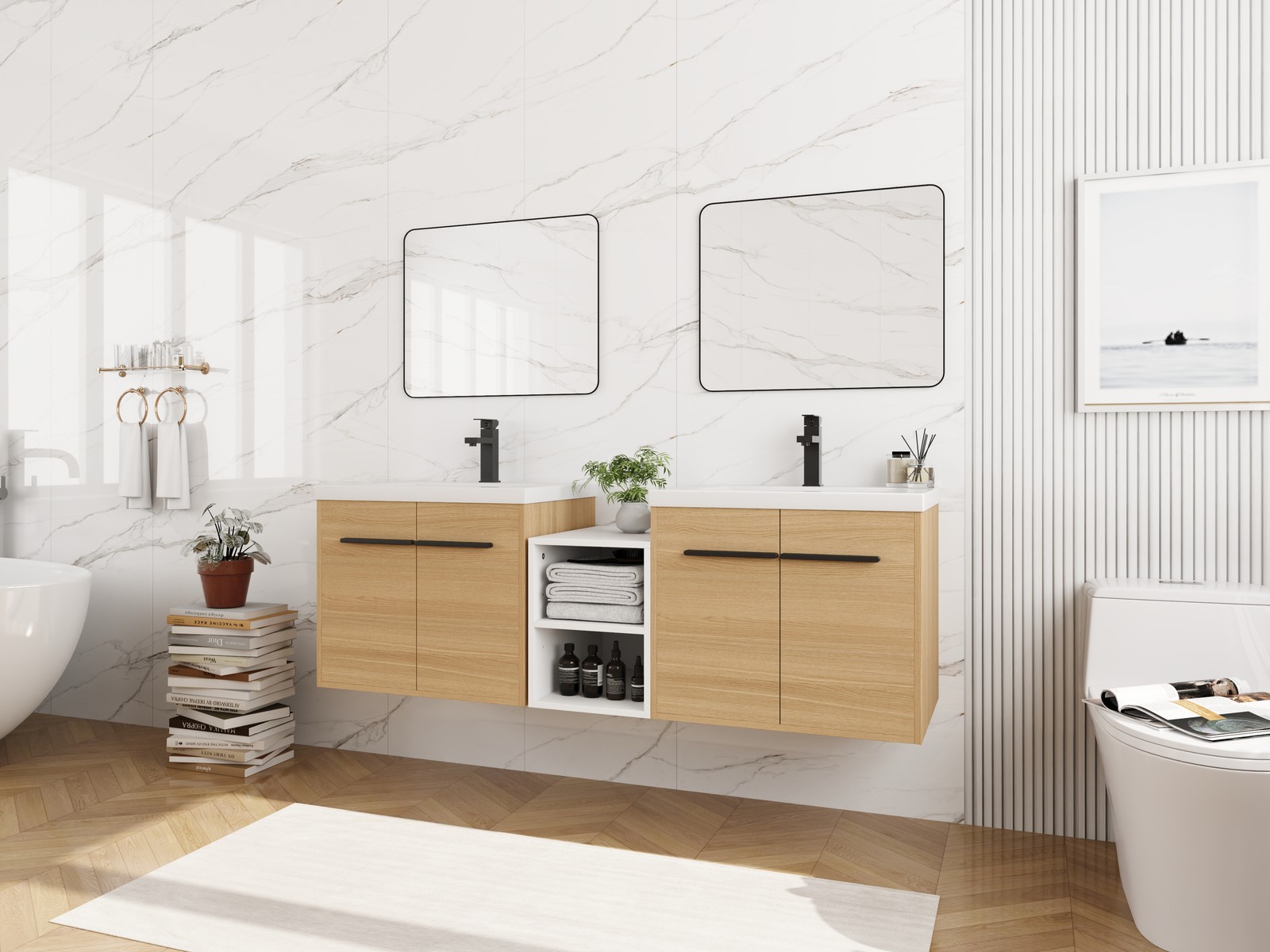 60 Inch Wall Mounted Bathroom Vanity with Resin Sink, 4 Doors & Shelves