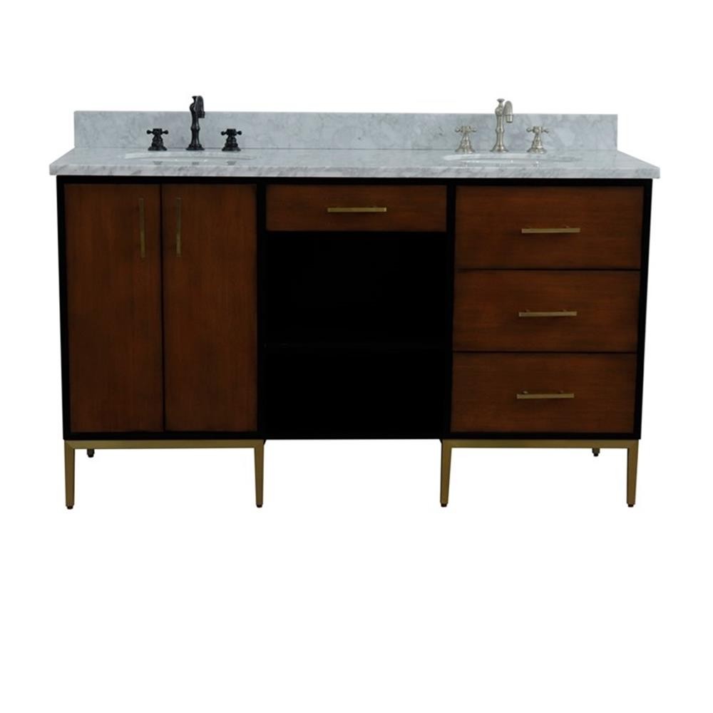 61 in. Double Wooden Vanity Walnut Black White Carrara Marble Oval Sink