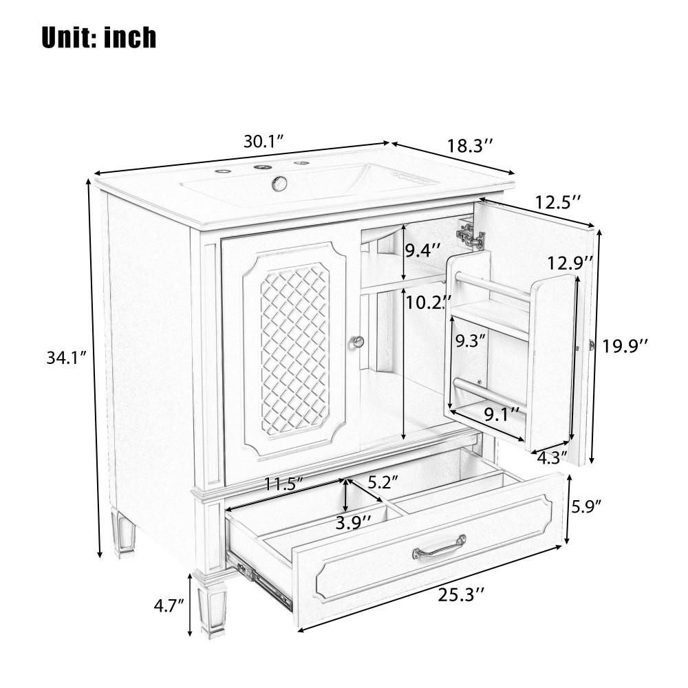 30″ Bathroom Vanity with Sink Vintage Style, Multi-functional Storage Space