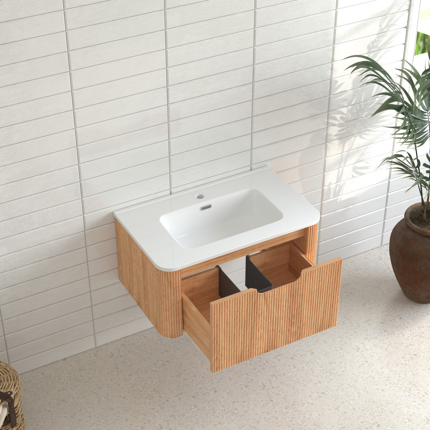30″ Floating Bathroom Vanity in Walnut with White Ceramic Basin