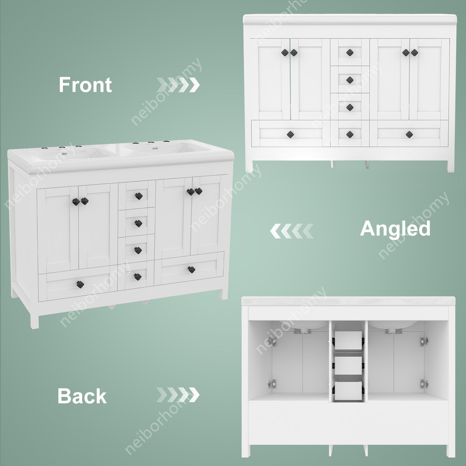 47″ White Classic Bathroom Vanity Double Ceramic Sinks Freestanding w/ 5 Drawers