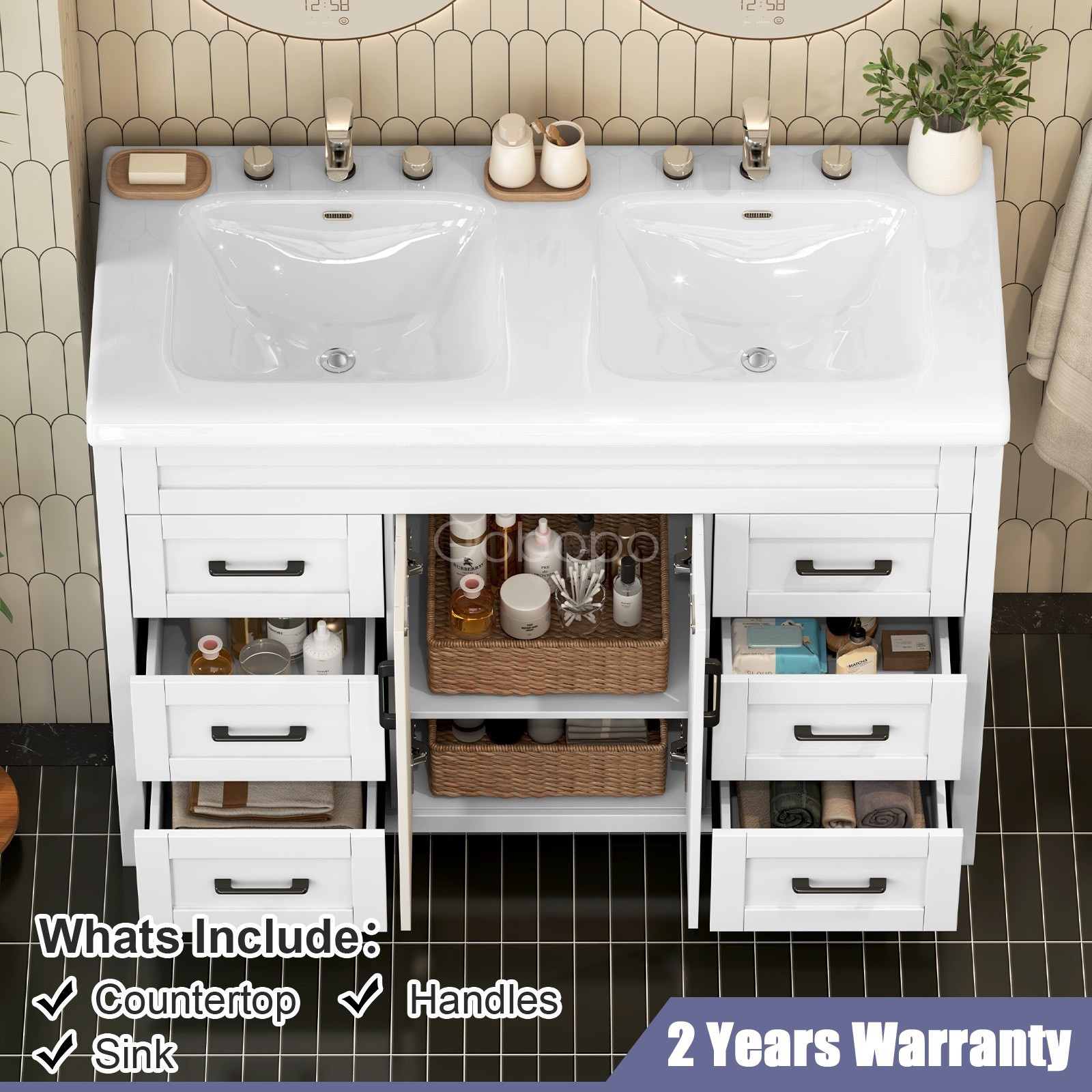 47″ Bathroom Double Sink Vanity Cabinet Ceramic W/ Double Sink Cabinet White