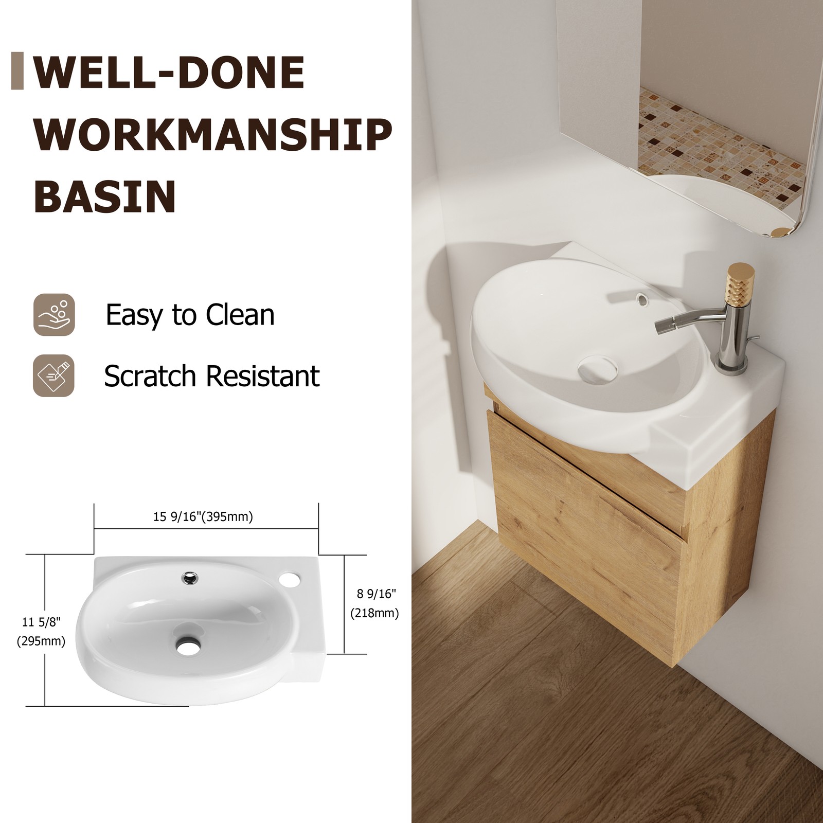 16″ Plywood Bathroom Vanity W/ Sink Basin Combo Wall Mounted for Small Space Oak