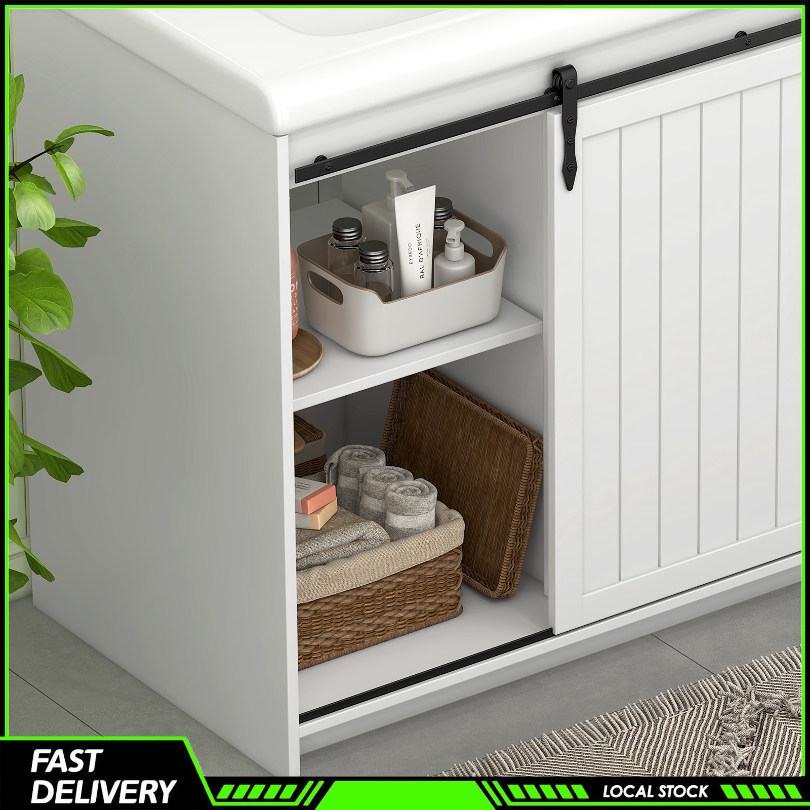 47″ Freestanding Bathroom Vanity w/ Double Ceramic Sink &2 Drawers Storage Space