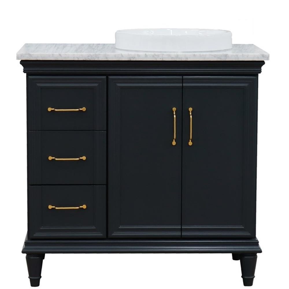 37 in. Single Wooden Vanity Dark Gray White Carrara Round Right Door.Right Sink