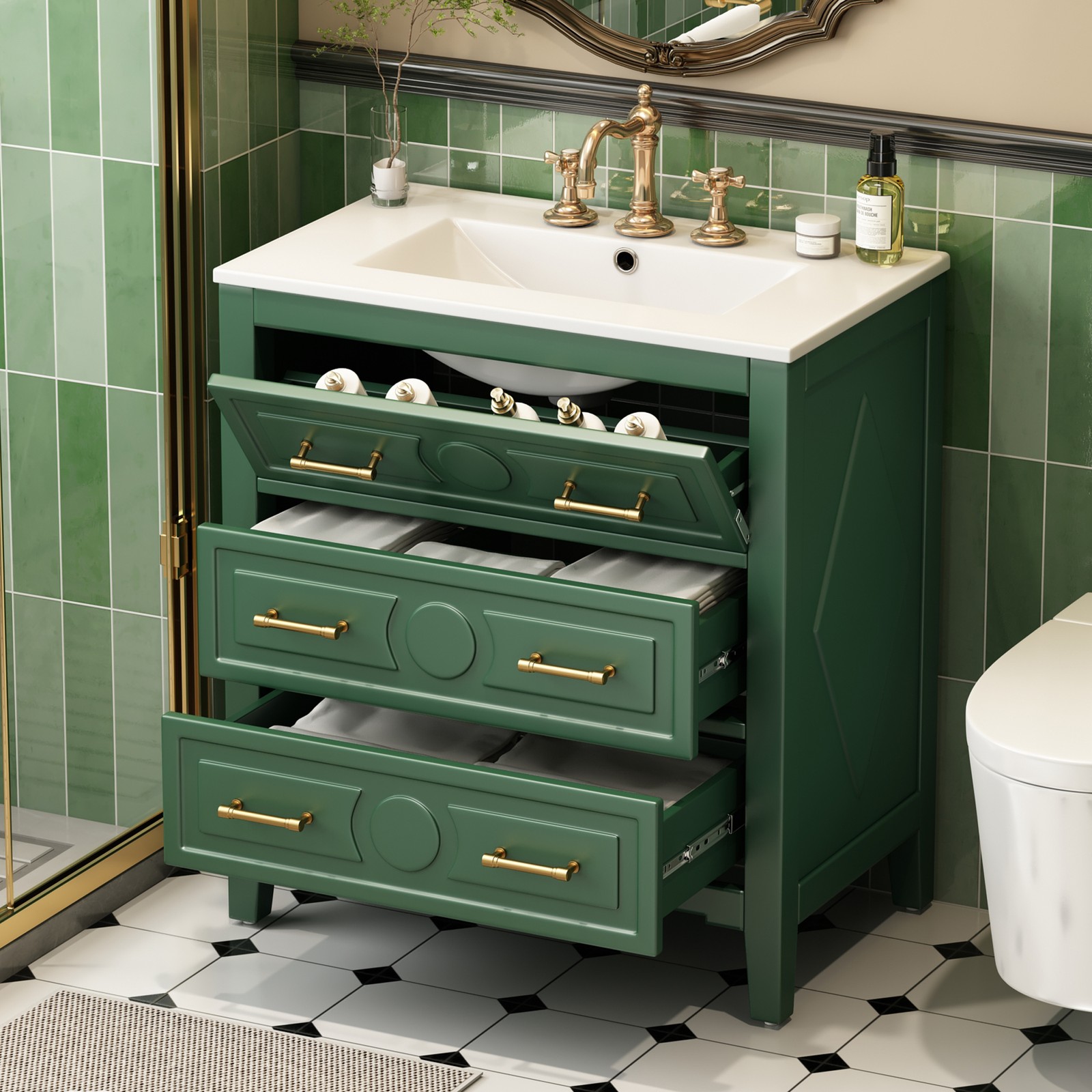 30″ Green Bathroom Vanity with Ceramic Sink, 3 Drawers, Solid Wood