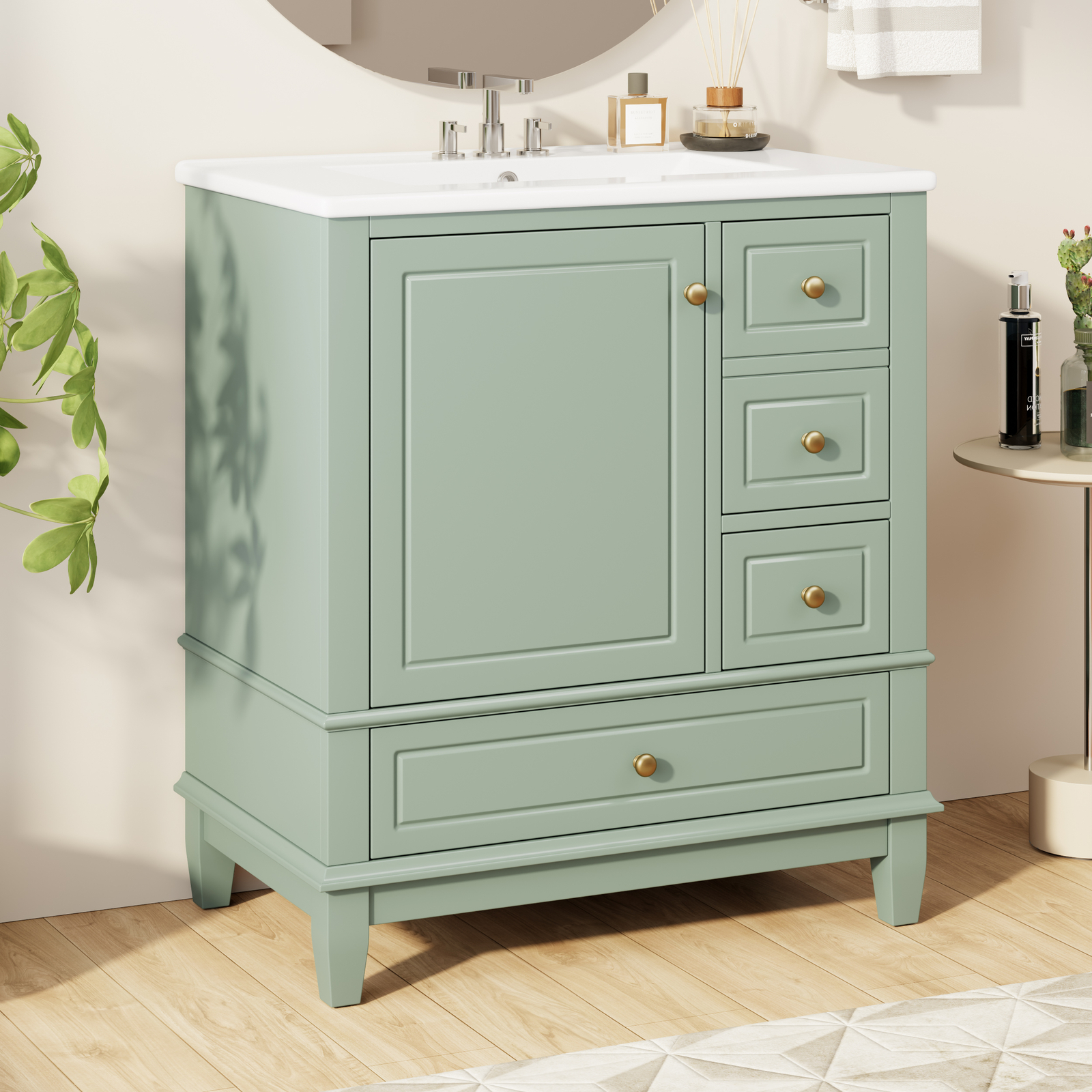 30″ Bathroom Vanity w/Ceramic Sink Freestanding Solid Wood Storage Cabinet Shelf