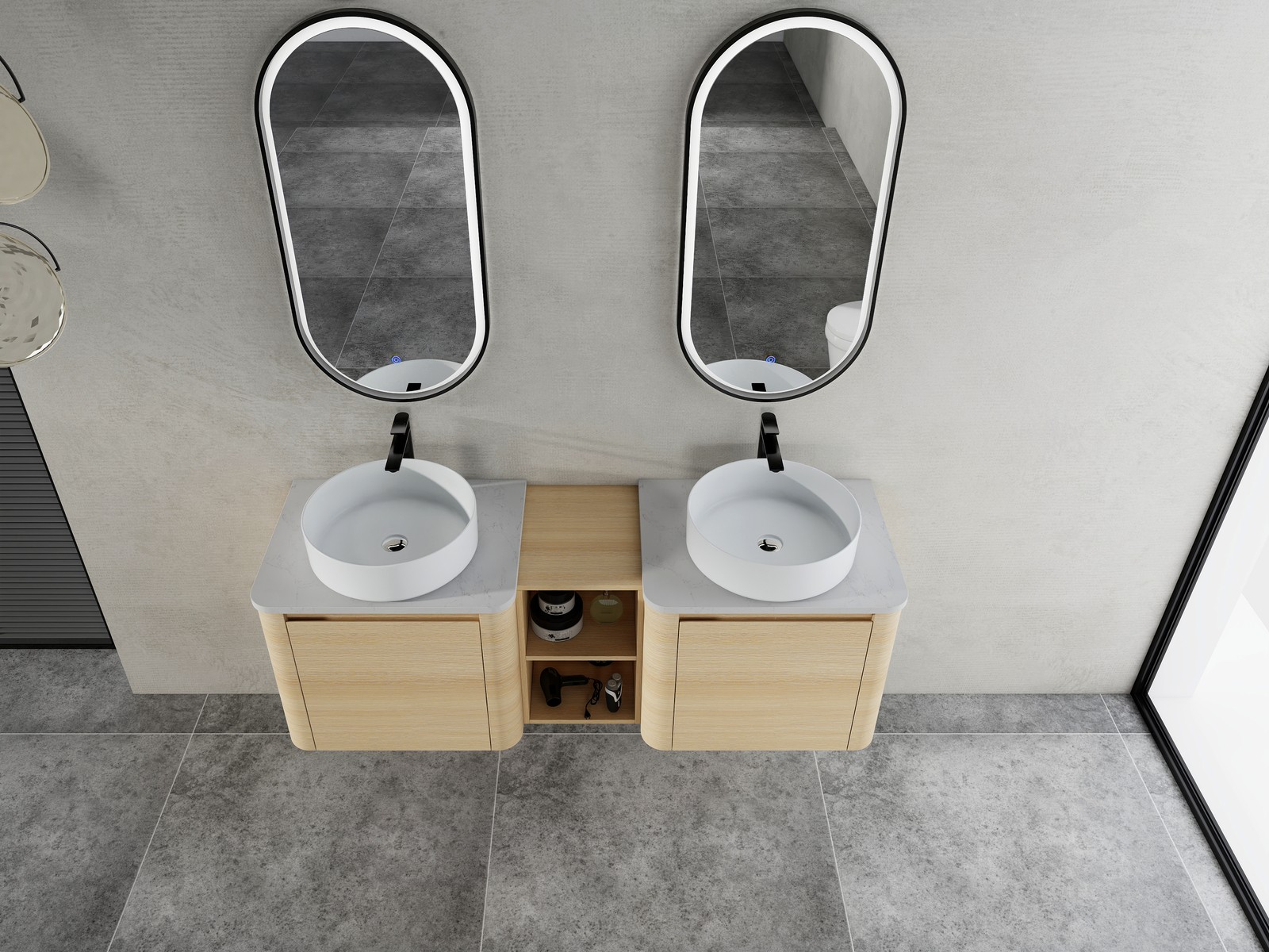 60 in Floating Bathroom Vanity Cabinet 2x White Ceramic Sink Basin +Open Shelves