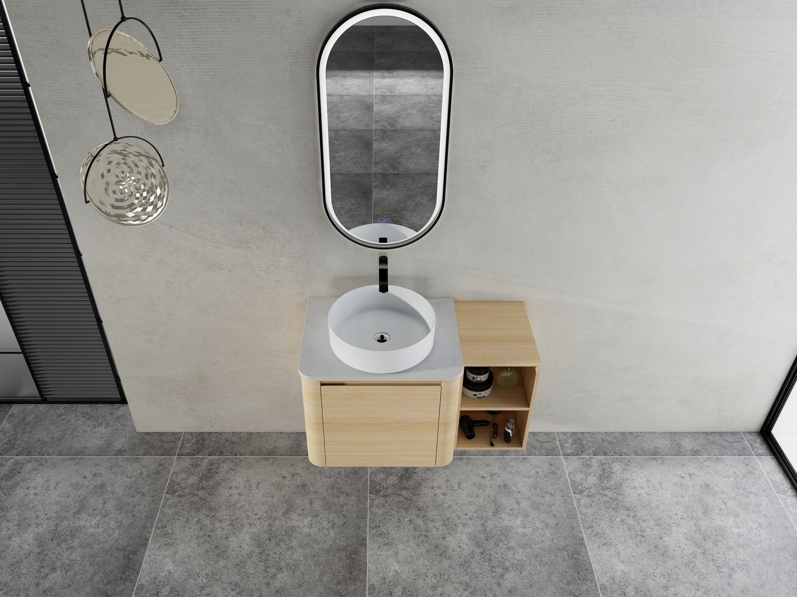 36in Plywood Floating Bathroom Vanity W/White Ceramic Basin Sink Storage Shelves