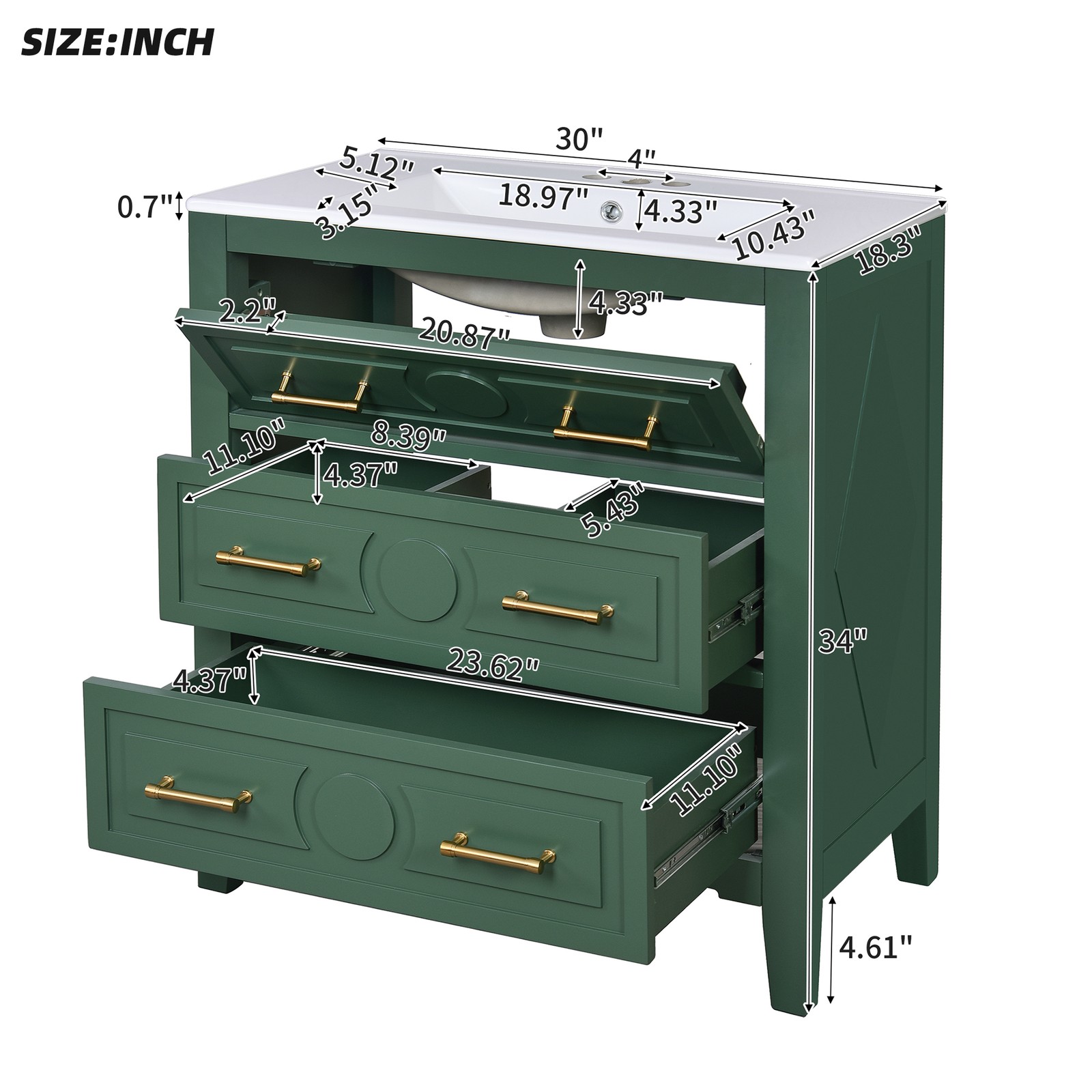 30″ Green Bathroom Vanity with Ceramic Sink, 3 Drawers, Solid Wood