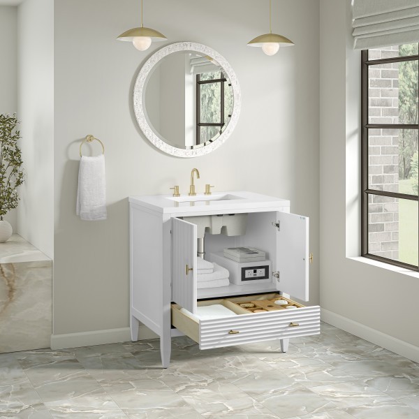30″ James Martin Myrrin 485-V30-BW-3WZ Vanity Cabinet White Zeus Silestone Top