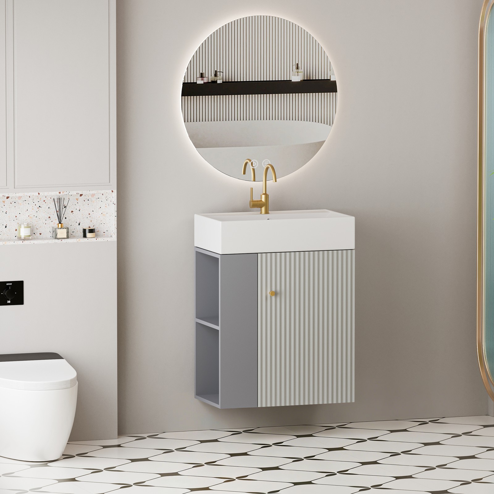 Wall-mounted Open-shelving Vanity with Ceramic Sink Grey