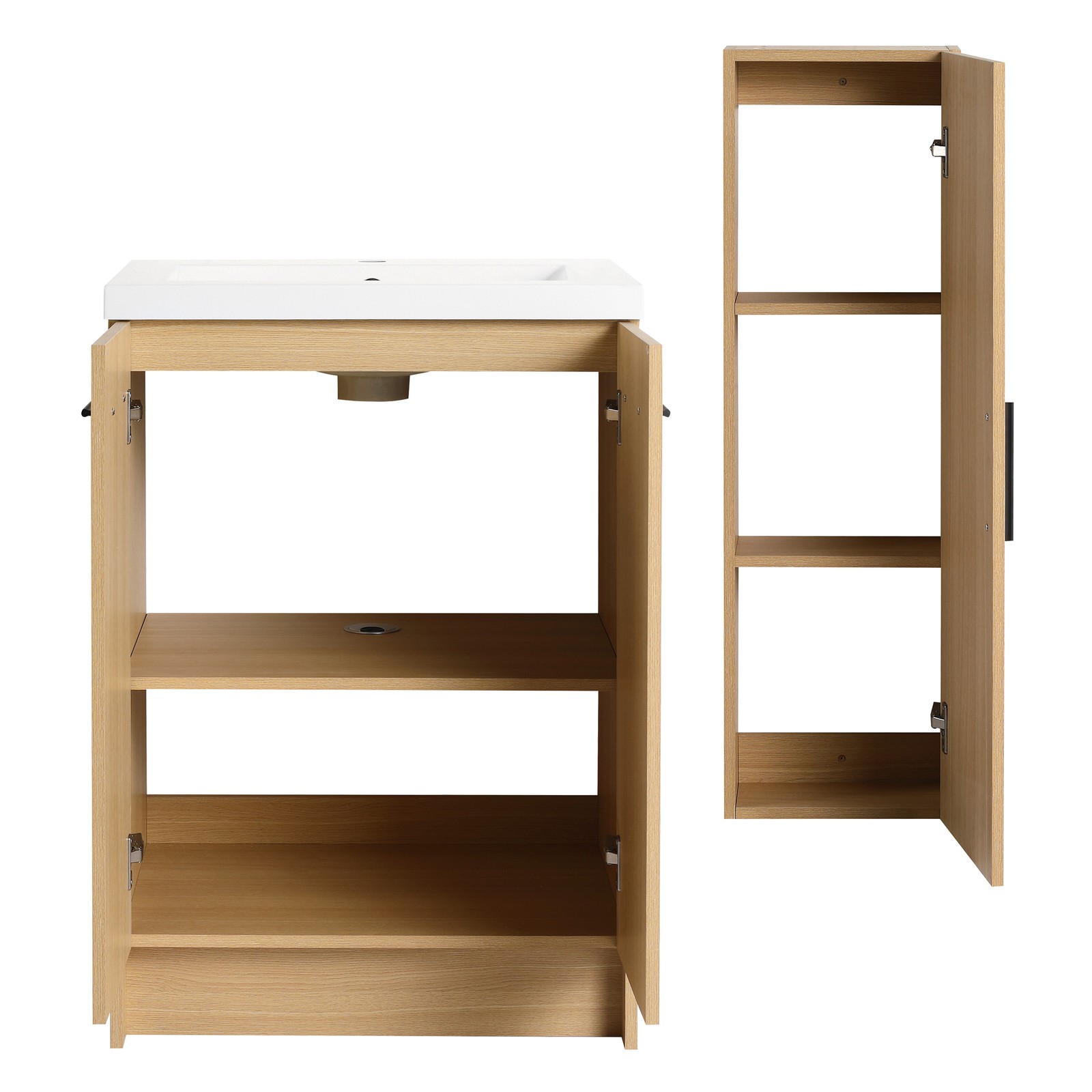 24″ Freestanding Bathroom Vanity Set with Tall Linen Cabinet, Light Oak