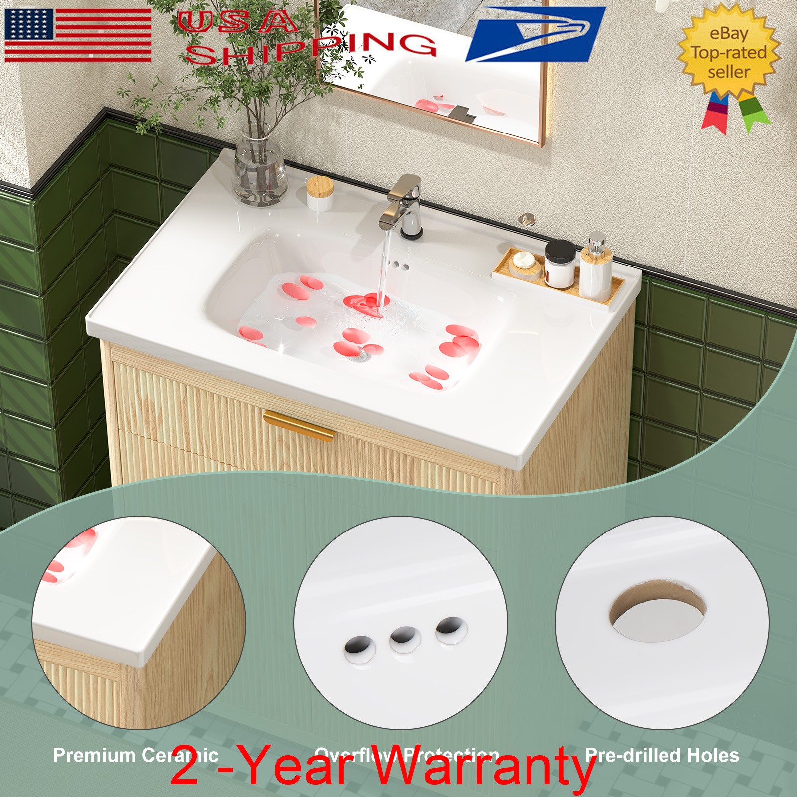 31″ Bathroom Vanity w/Ceramic Sink Modern Freestanding Vanity Cabinet w/ 2 Doors