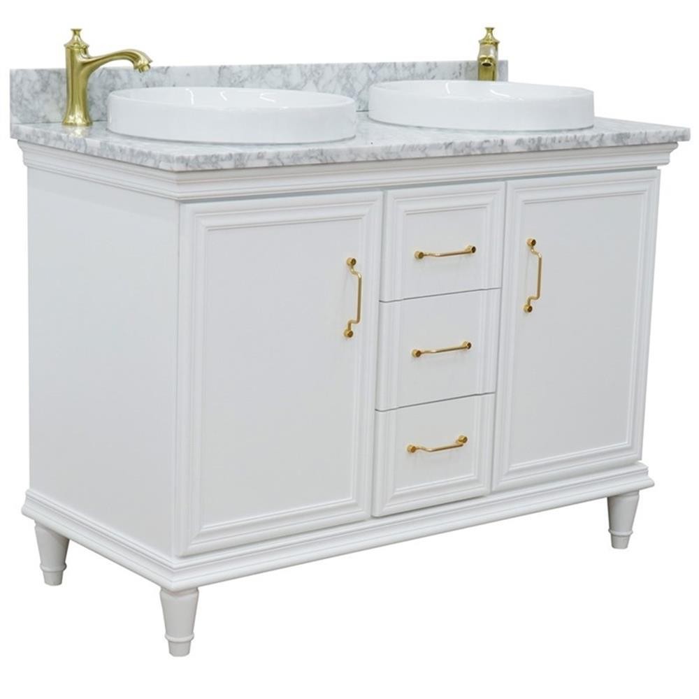 49 in. Double Wooden Vanity White with White Carrara Round Sink