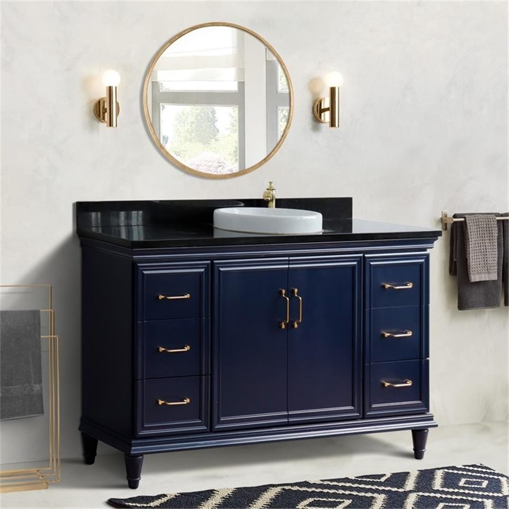 61 in. Single Wooden Vanity Blue Black Galaxy Granite Round Sink