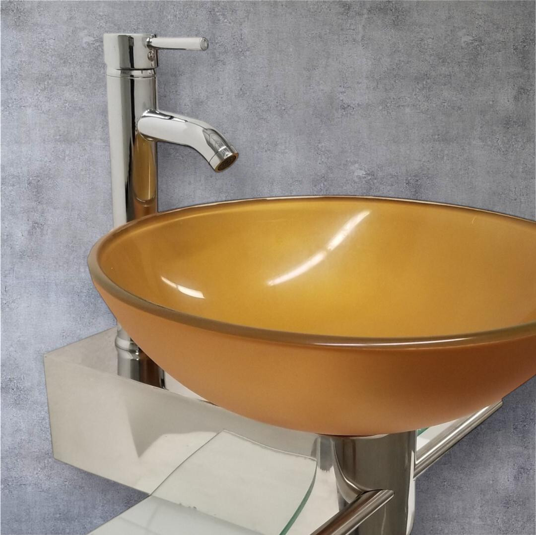 Modern Small Bathroom Pedestal Vanity Glass Bowl Vessel Mustard Gold Sink Combo