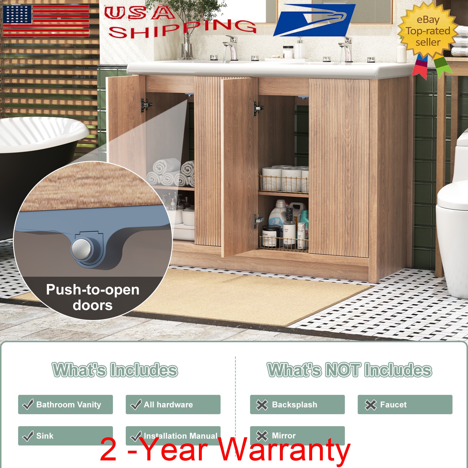 47.3″ Bathroom Vanity Set Double Sink Ceramic Freestanding Cabinet Wood Grain