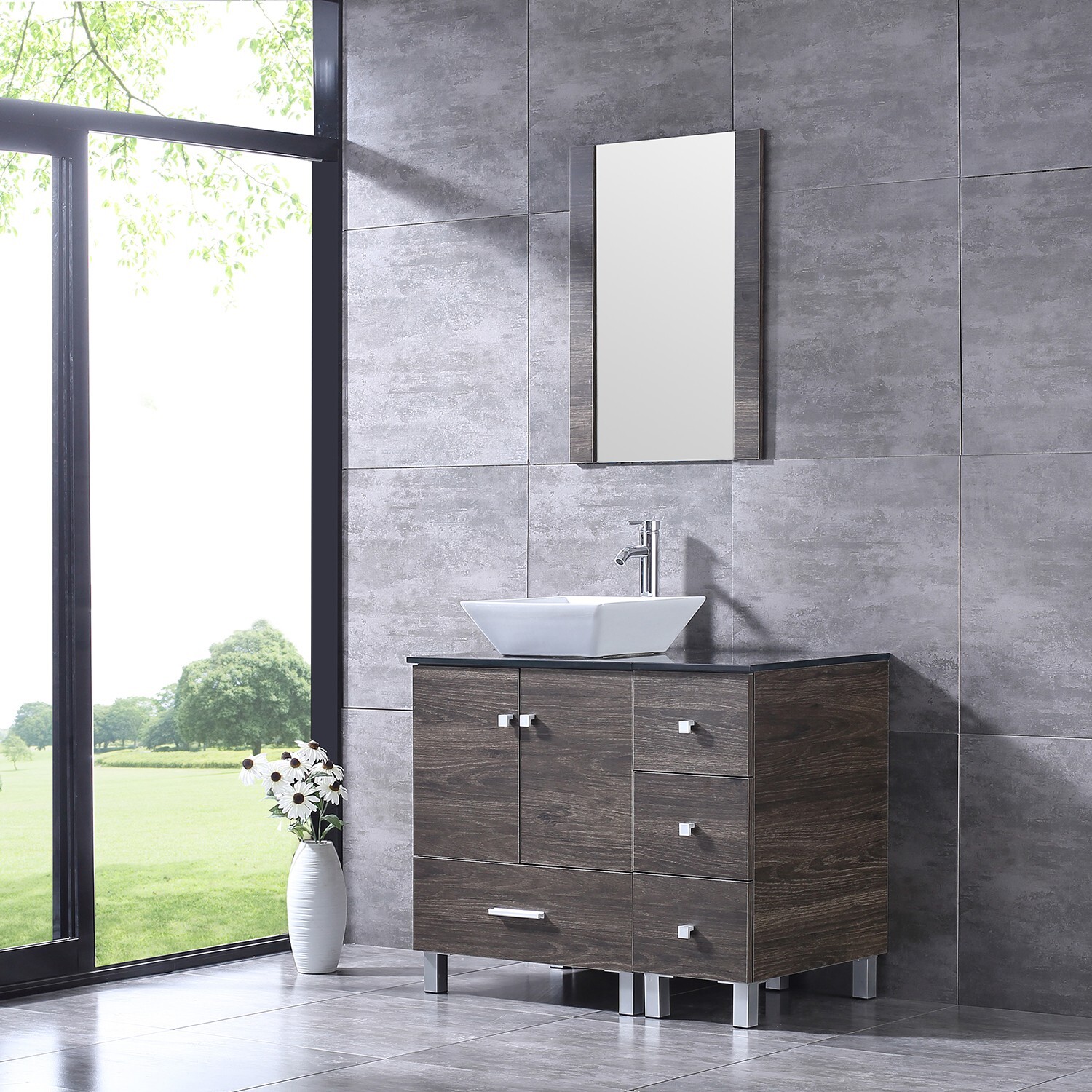 36inch Bathroom Vanity Single Cabinet 4 Ceramic Sink w/Black Glass Top Set Brown
