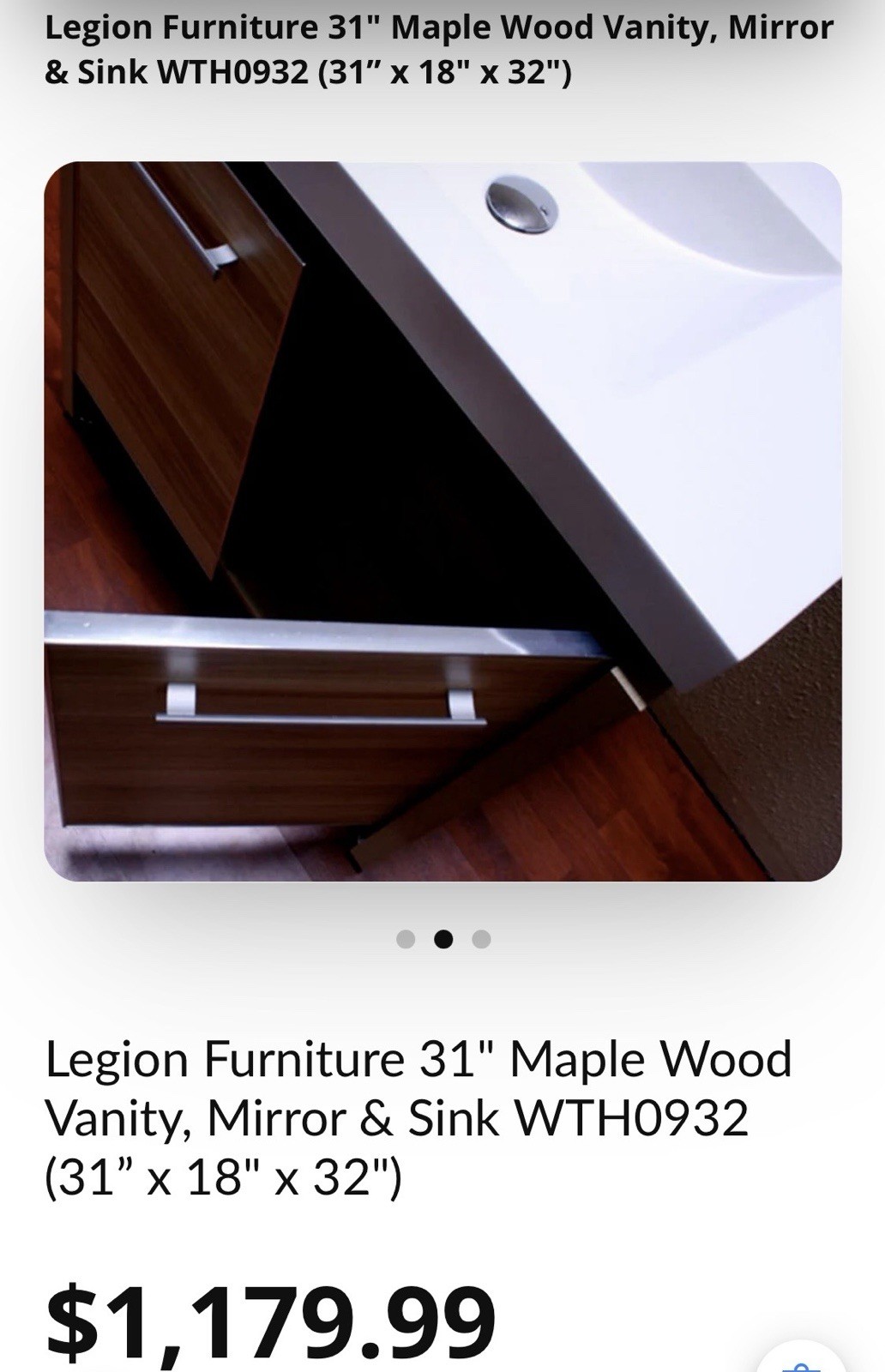 LEGION FURNITURE WTH0932 SINK VANITY W MIRROR SIDE CABINET LIGHT MAPLE