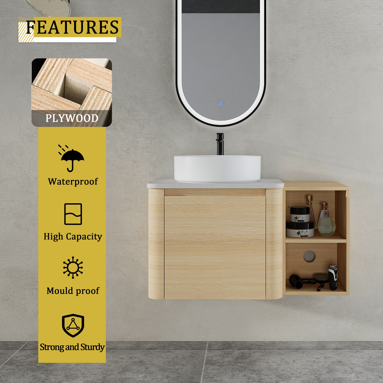 36in Plywood Floating Bathroom Vanity W/White Ceramic Basin Sink Storage Shelves