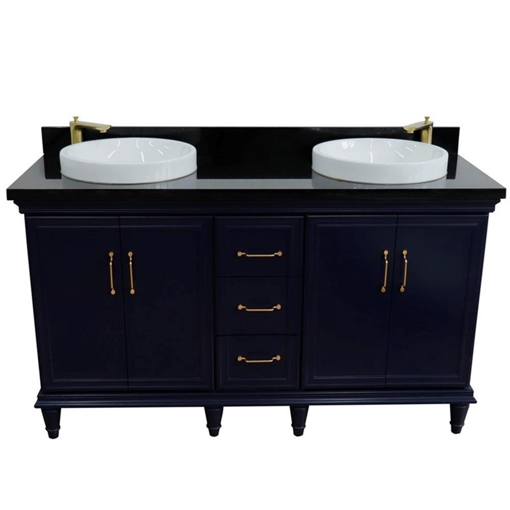 61 in. Double Wooden Vanity Blue Black Galaxy Granite Round Sink